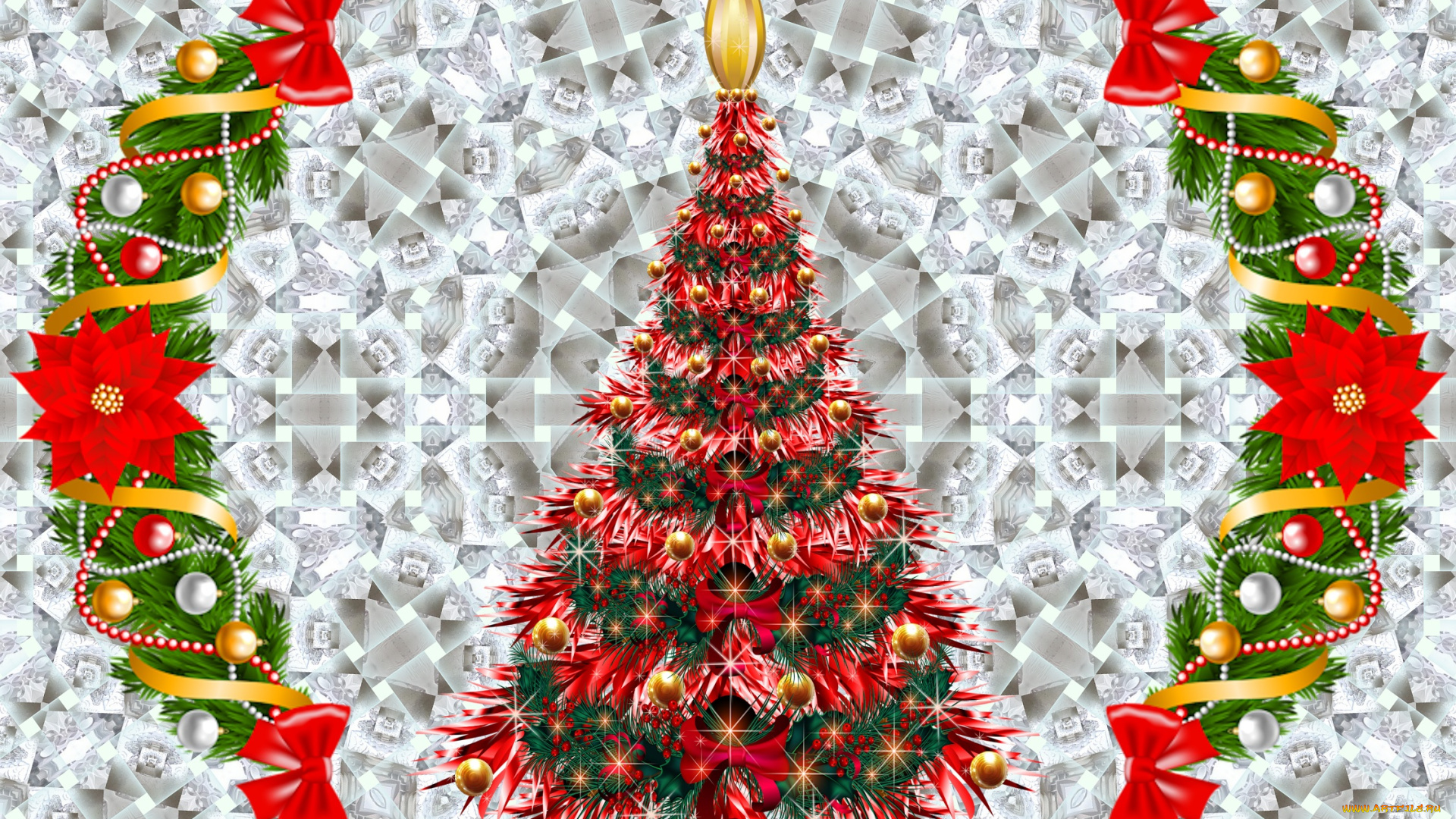 праздничные, 3д, графика, , новый, год, фон, украшения, венок, елка