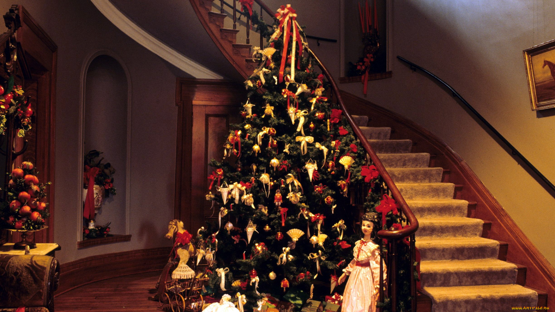 праздничные, Ёлки, елка, лестница, игрушки