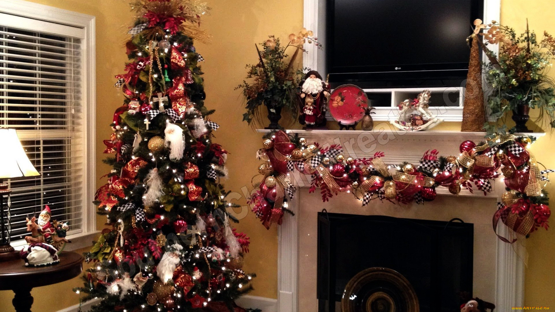 праздничные, Ёлки, гирлянды, елка, камин