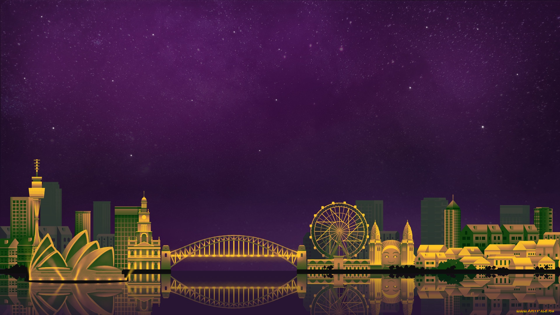 векторная, графика, город, , city, небо, минимализм, ночь, город, сидней, art, digital, sydney, illustration, game, by, caio, perez, backgrounds