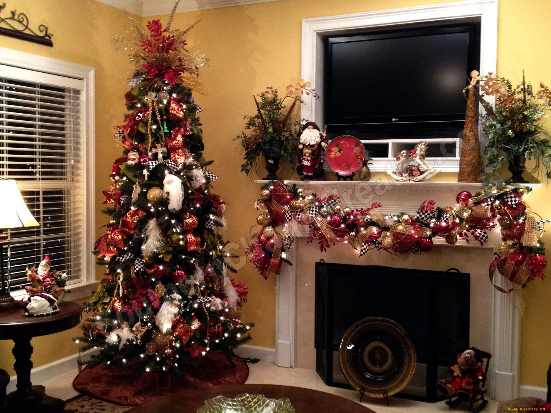 праздничные, Ёлки, гирлянды, елка, камин
