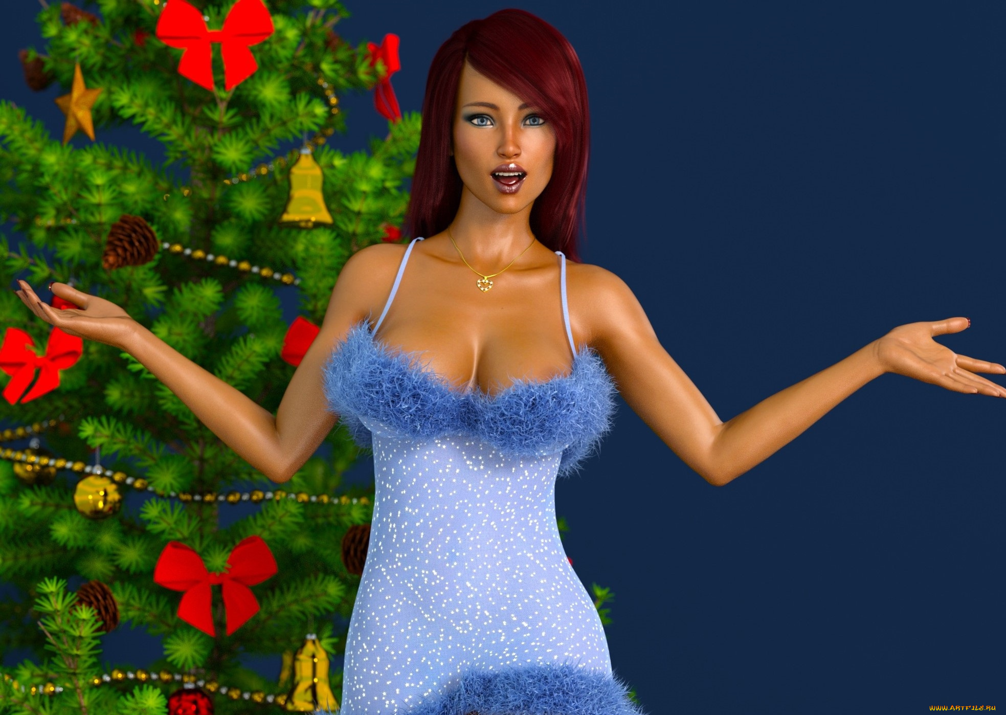 3д, графика, праздники, , holidays, девушка, взгляд, фон, елка, праздник, новый, год, улыбка