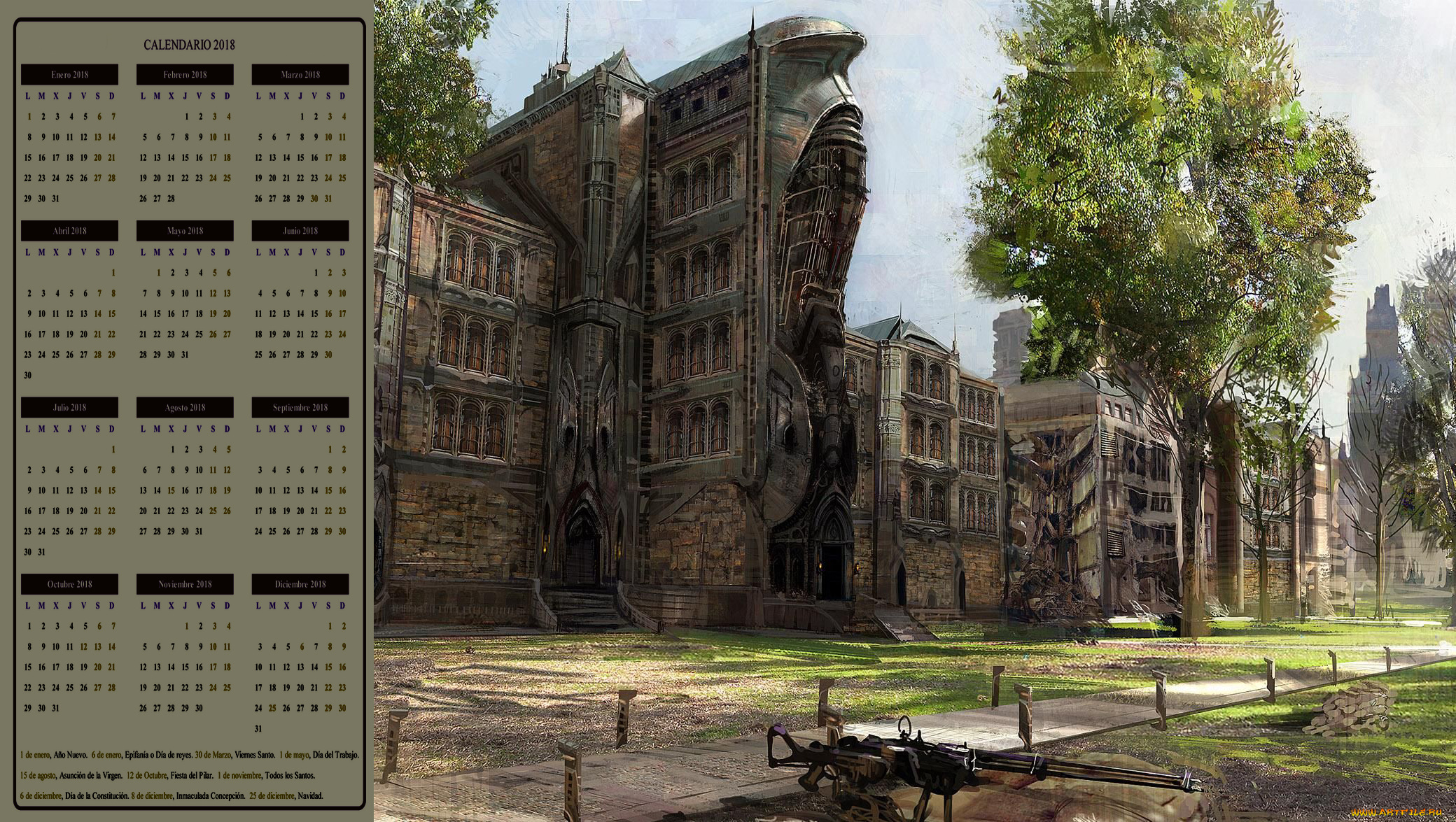 календари, фэнтези, здание, улица, дерево