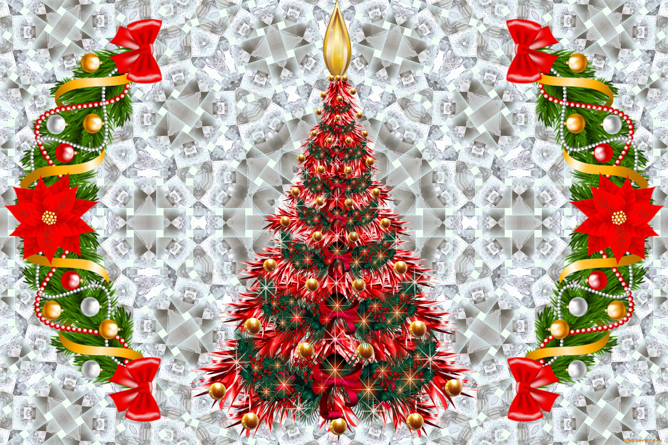 праздничные, 3д, графика, , новый, год, фон, украшения, венок, елка