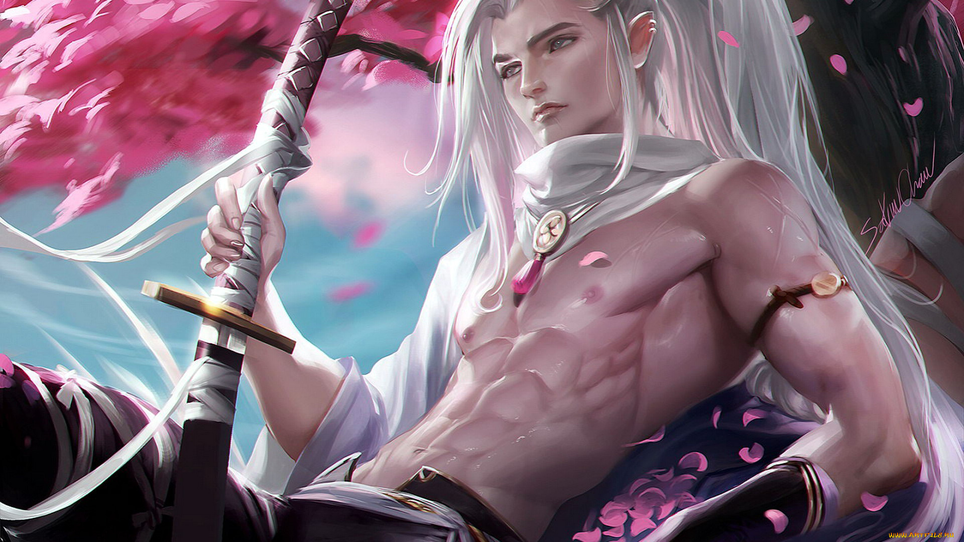 фэнтези, эльфы, блондин, воин, меч, лепестки, сакура