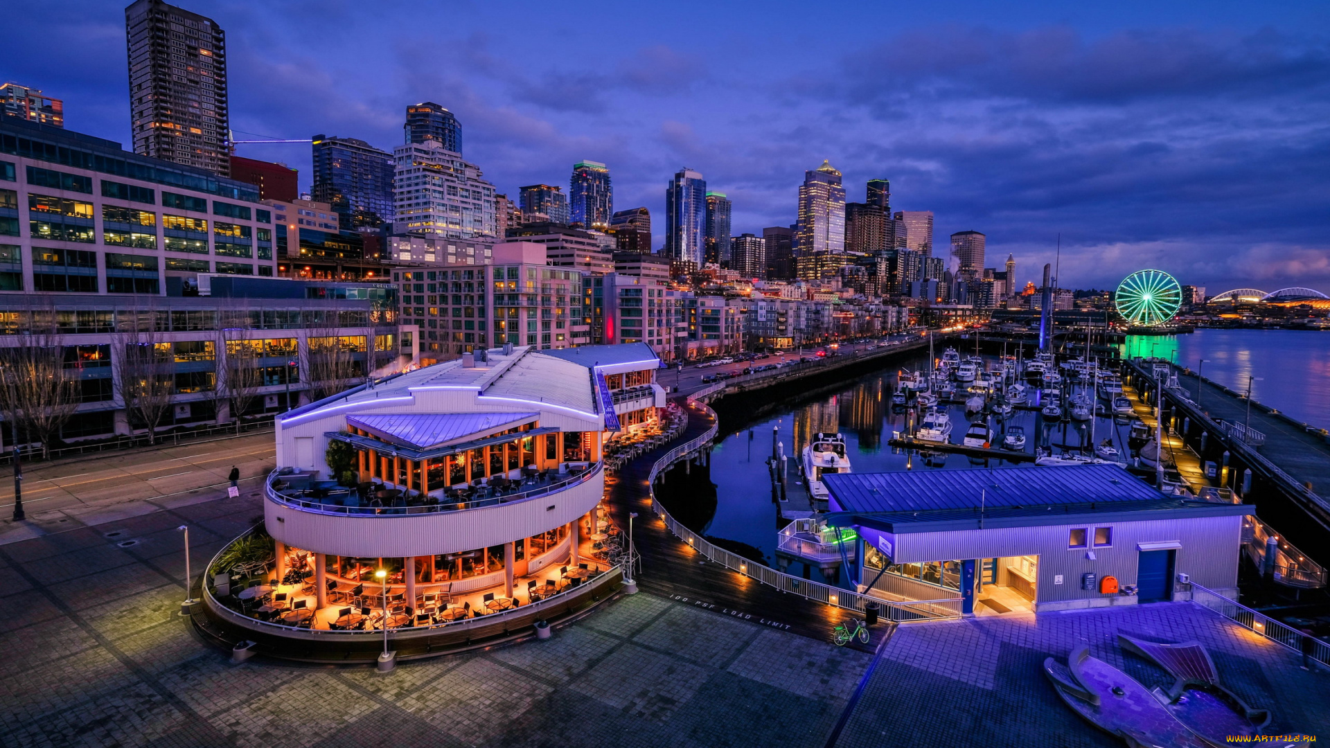 города, сиэтл, , сша, панорама, вечер, огни