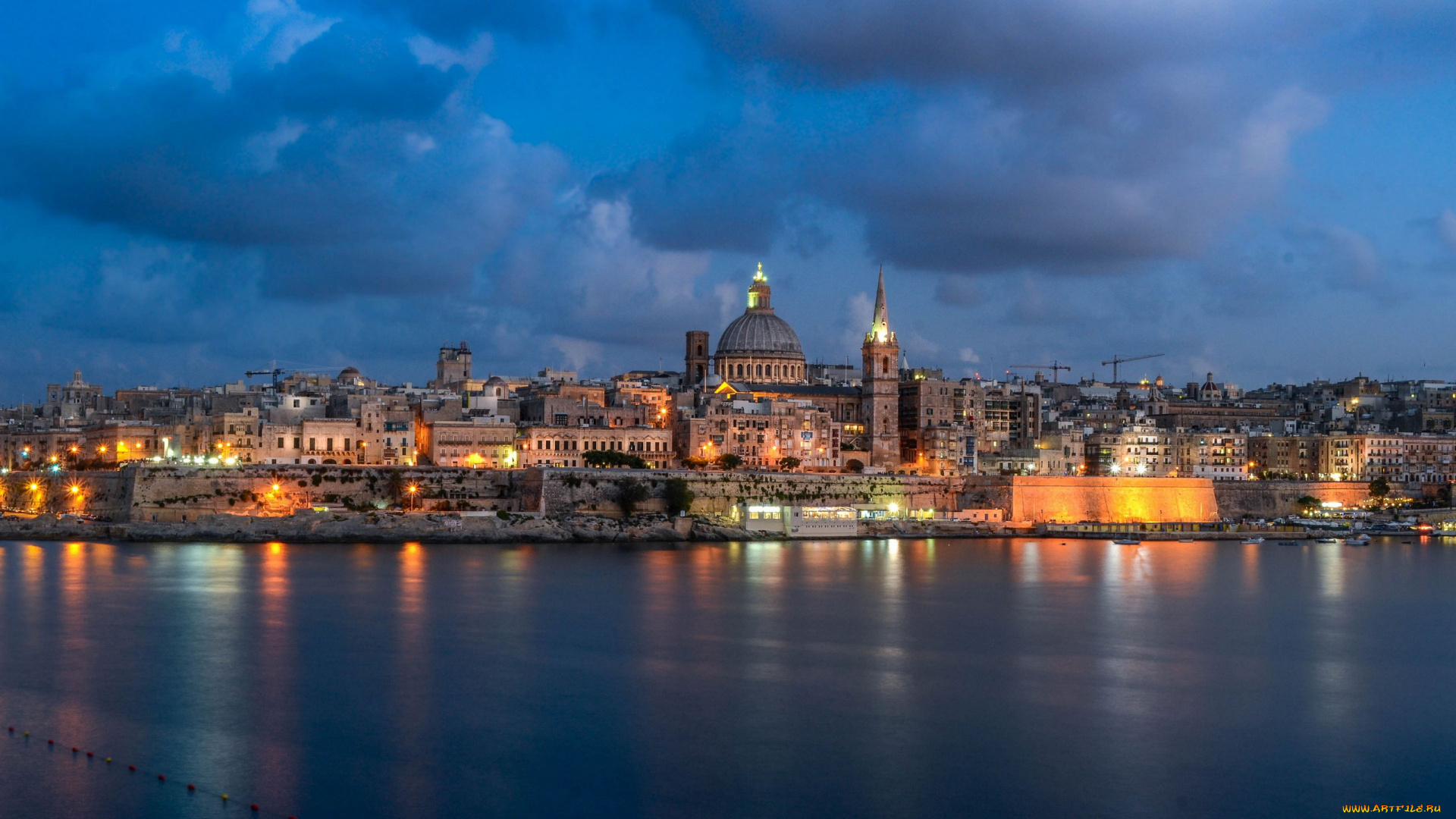города, валетта, , мальта, вечер, огни, панорама