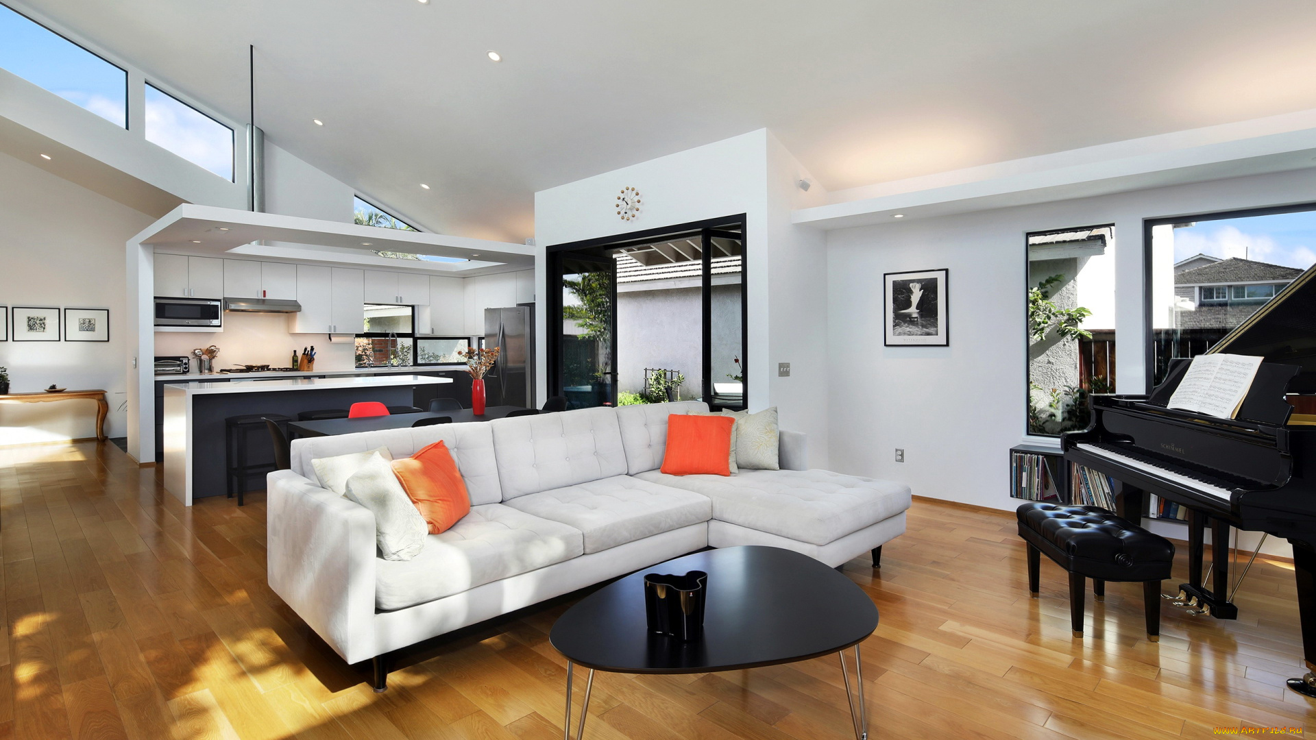 интерьер, гостиная, мягкий, уголок, рояль