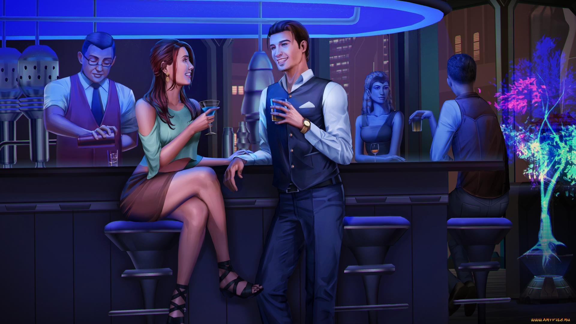 рисованное, люди, девушки, мужчины, фон, бар, одежда