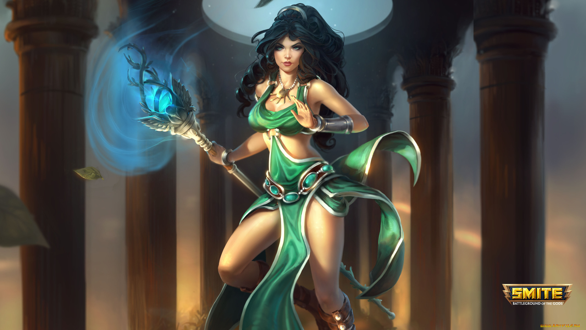 видео, игры, smite, девушка, фон, взгляд, посох