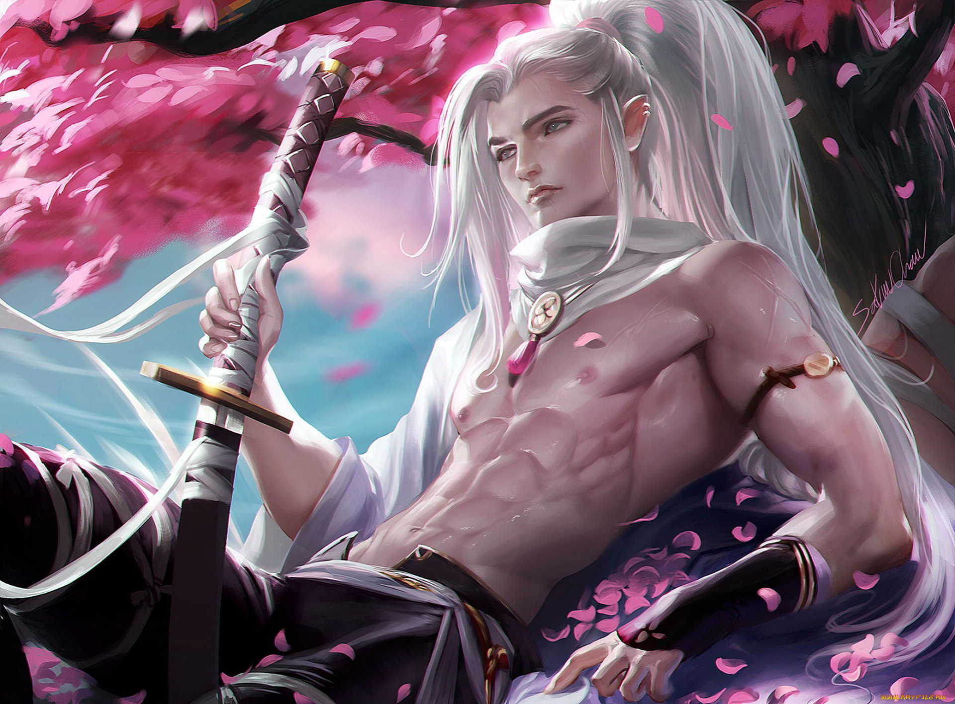фэнтези, эльфы, блондин, воин, меч, лепестки, сакура