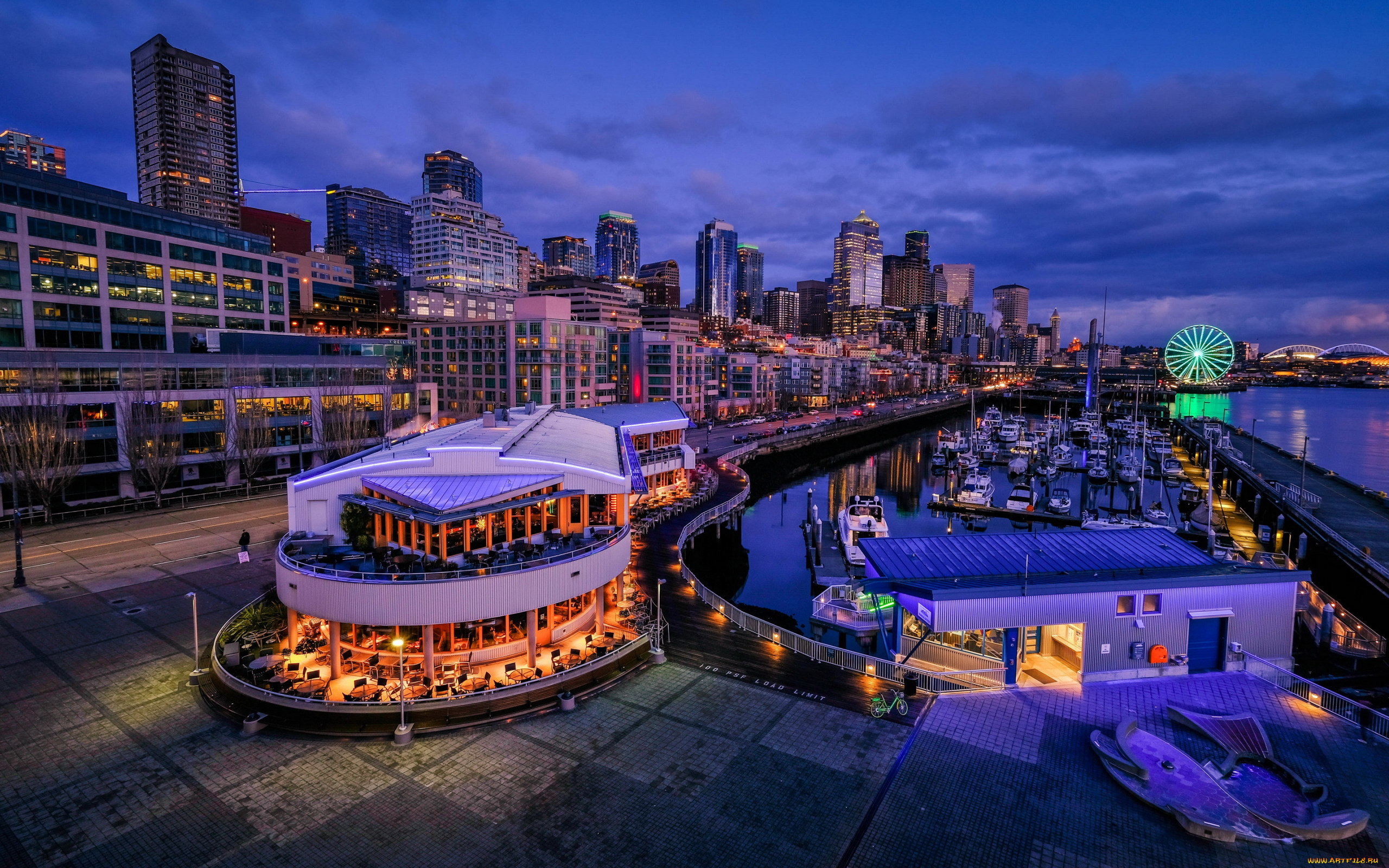 города, сиэтл, , сша, панорама, вечер, огни