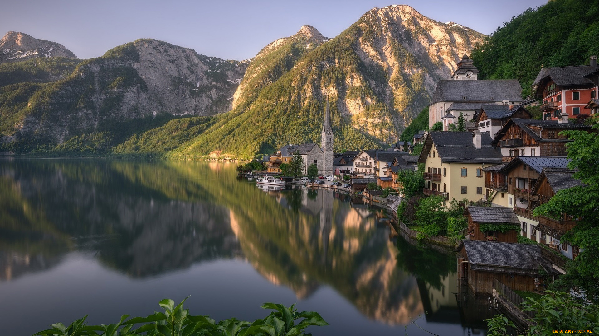 города, гальштат, , австрия, горы, озеро, отражение