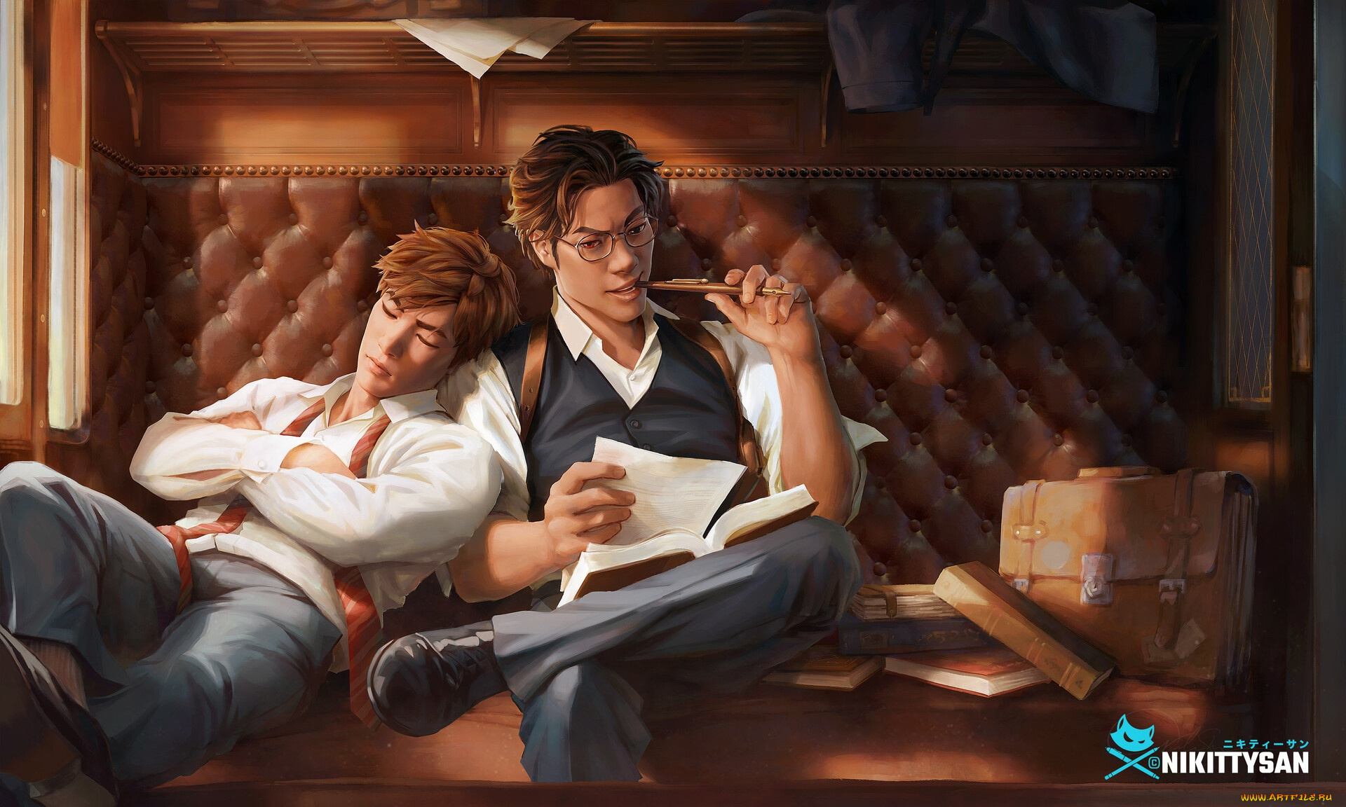 рисованное, люди, парни, книги, портфель, купе