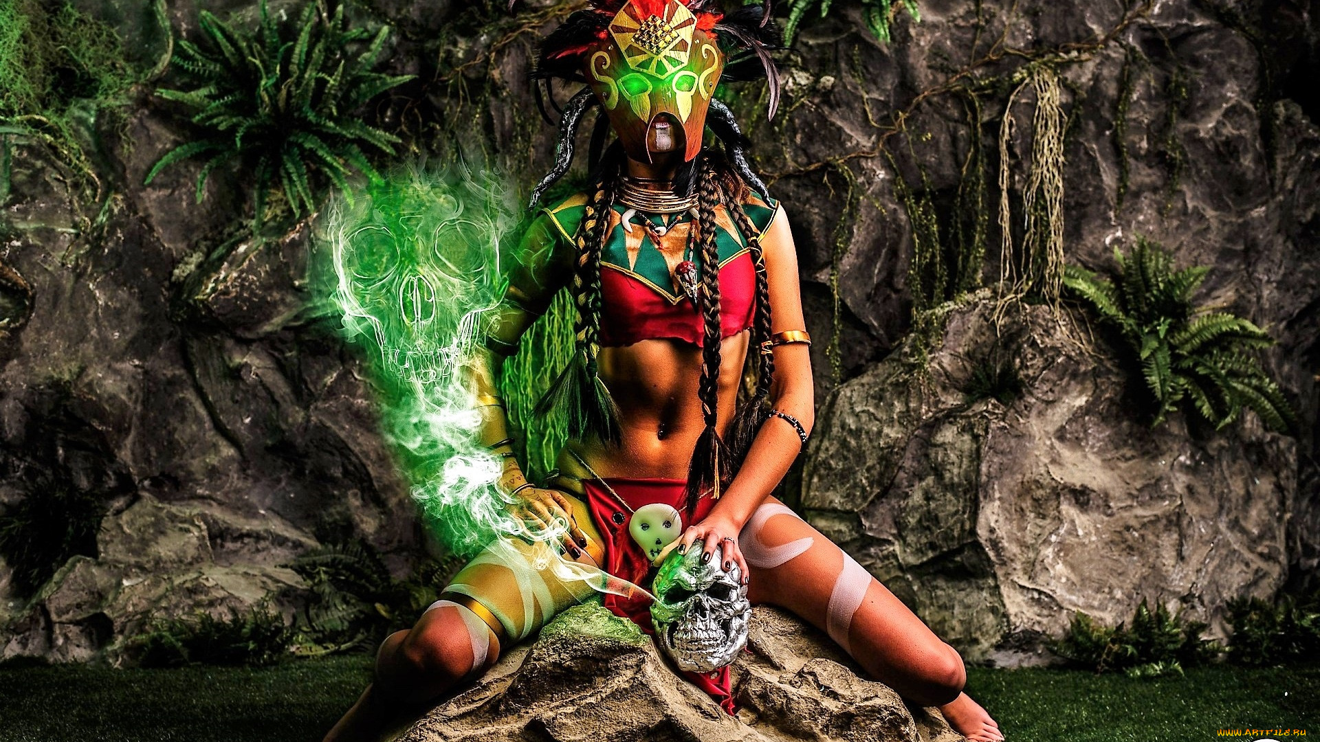 девушки, -, креатив, , косплей, маска, череп, магия, скала