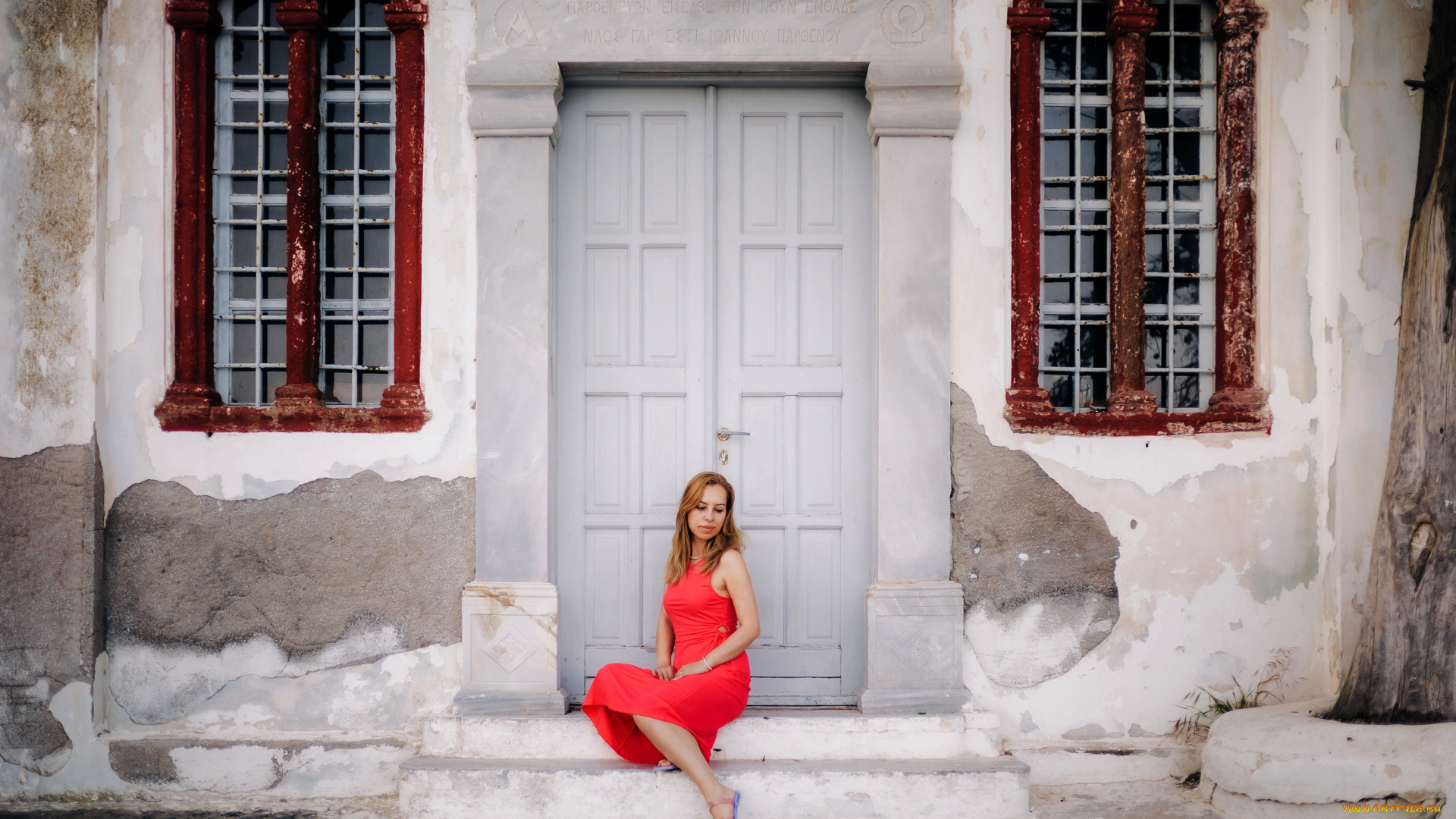 девушки, -, рыжеволосые, и, разноцветные, двери, рыженькая, поза, платье