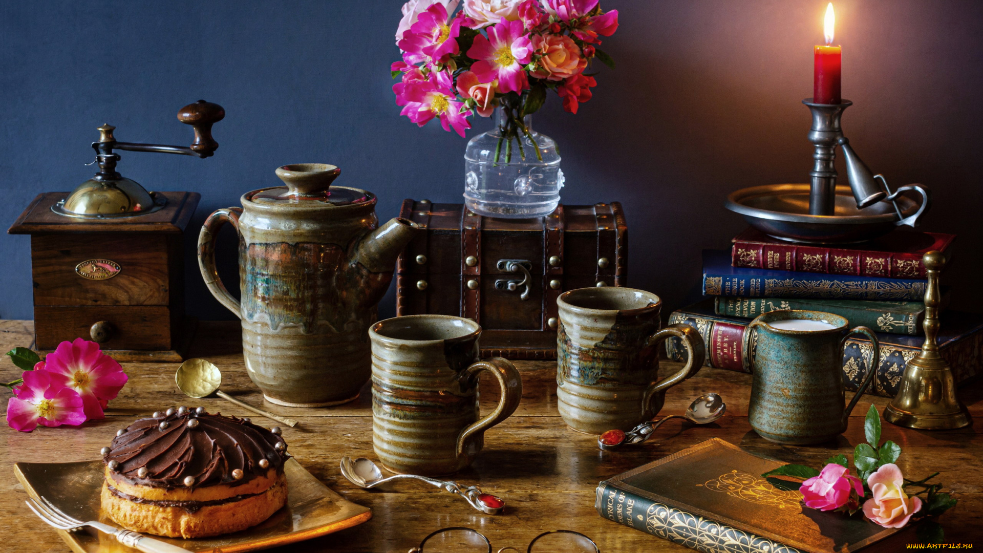 еда, натюрморт, букет, свеча, кофемолка, торт