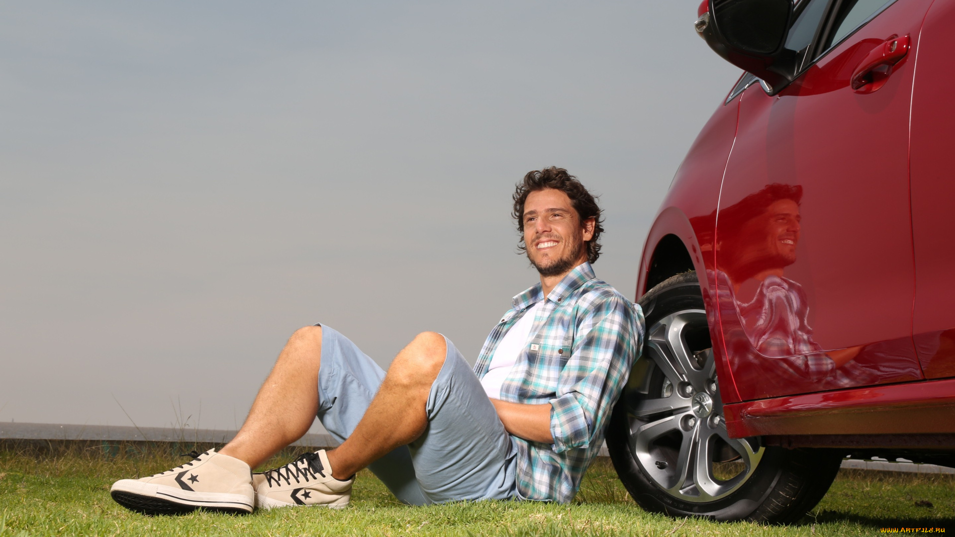 мужчины, -unsort, рубашка, шорты, кроссовки, трава, машина
