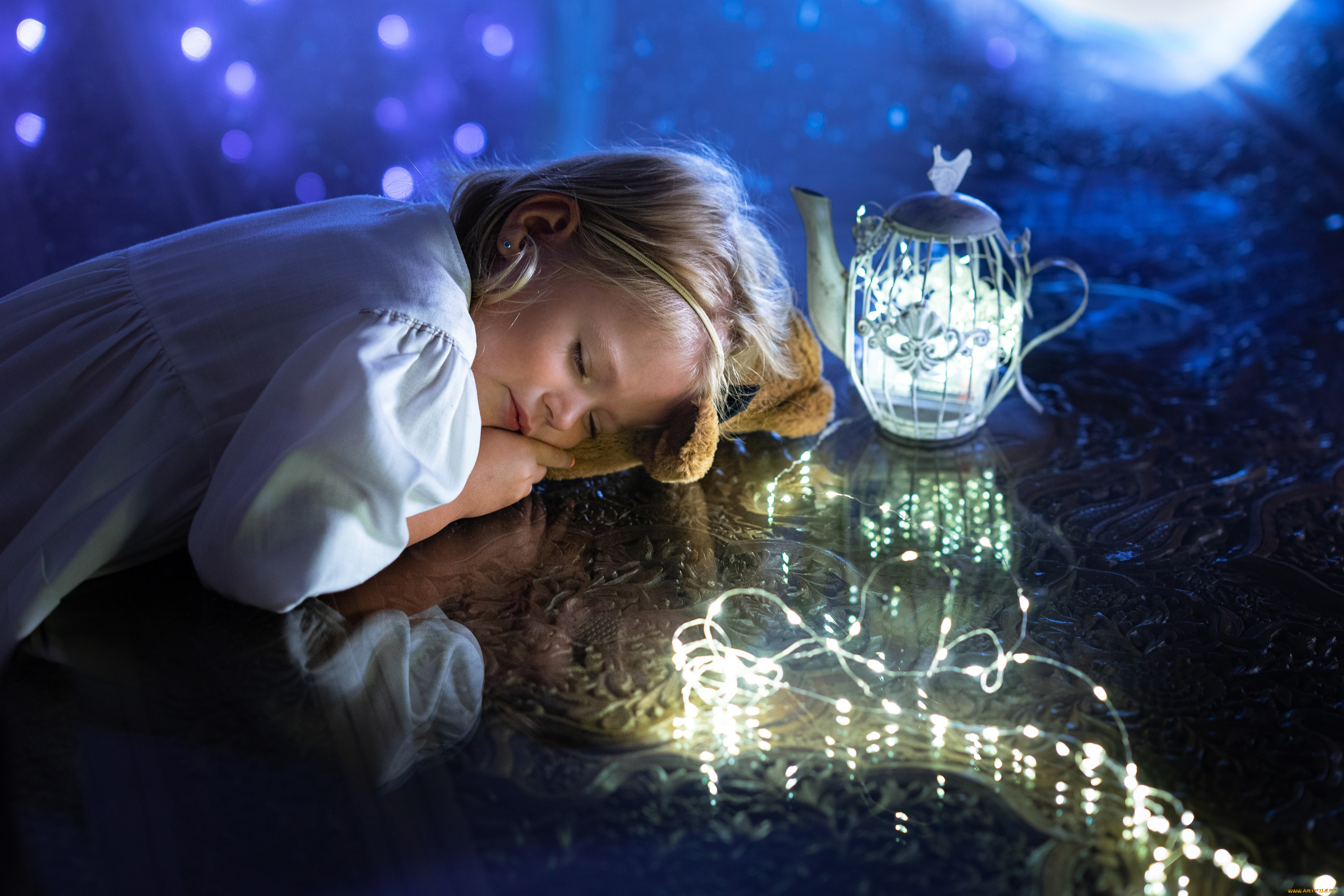 разное, дети, девочка, гирлянда, огни, чайник