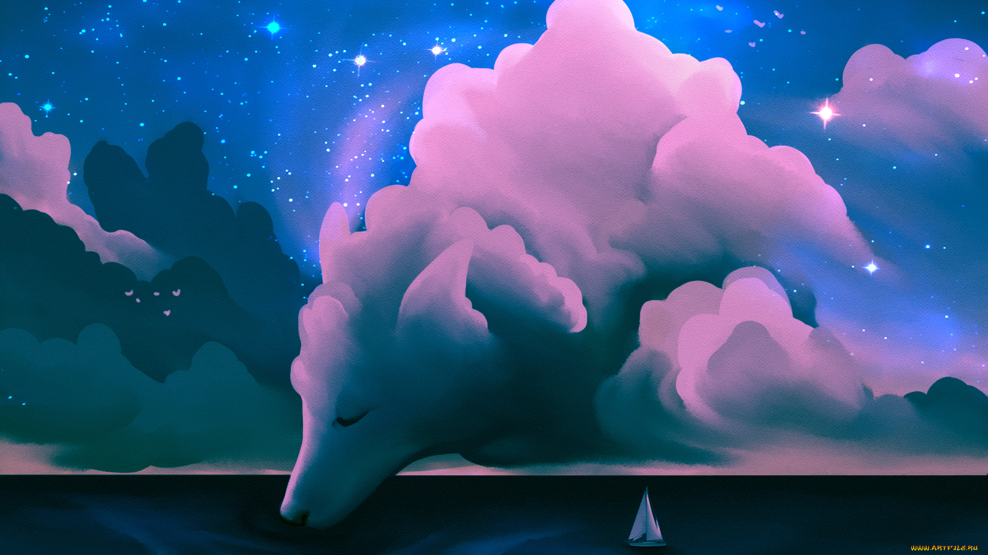 рисованное, природа, волк, обако, фон, яхта