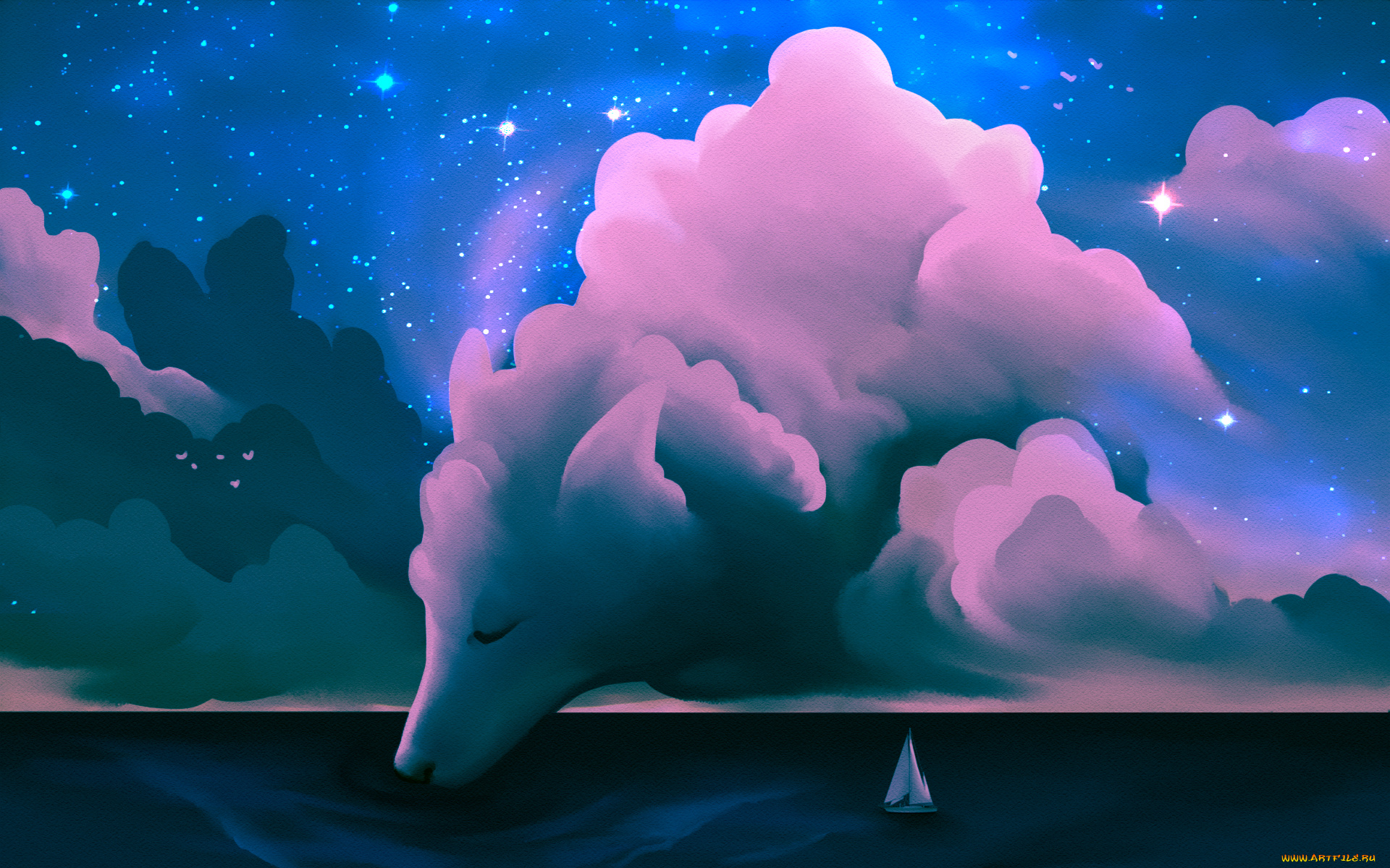 рисованное, природа, волк, обако, фон, яхта