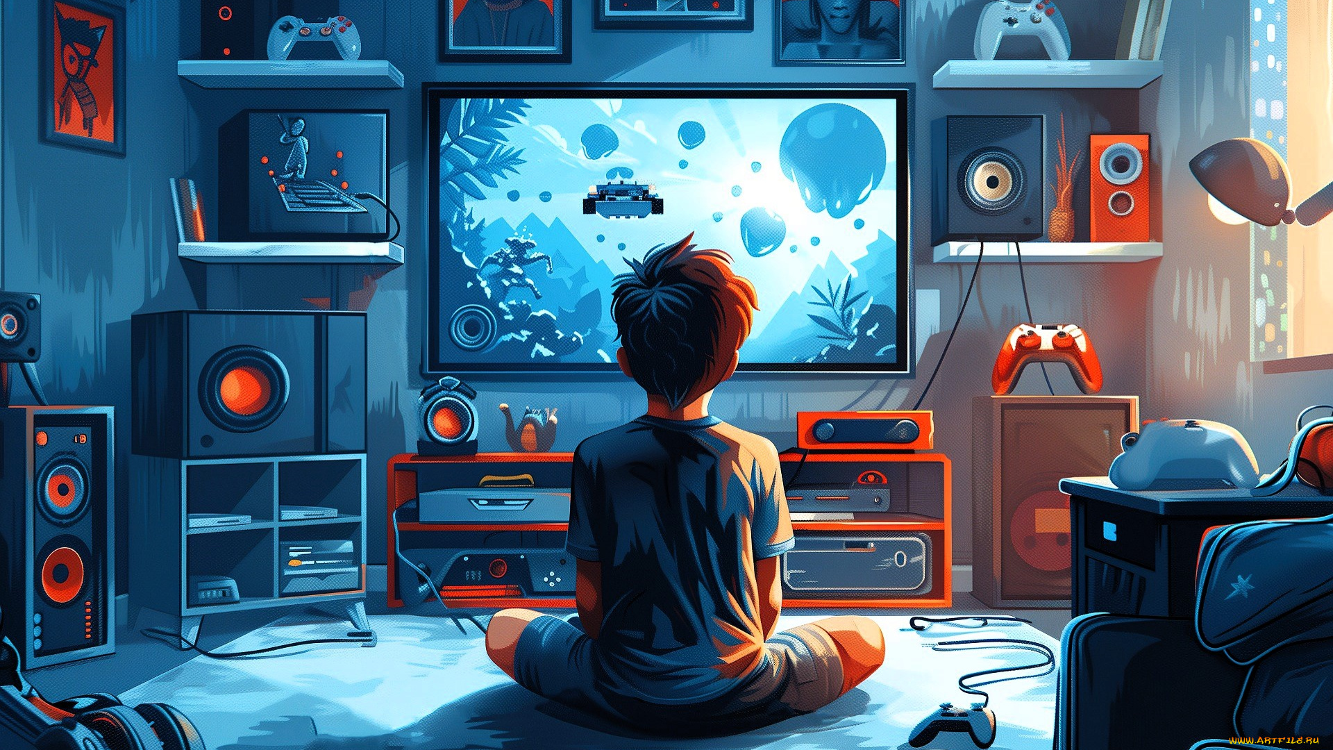 рисованное, дети, мальчик, комната, техника, игра