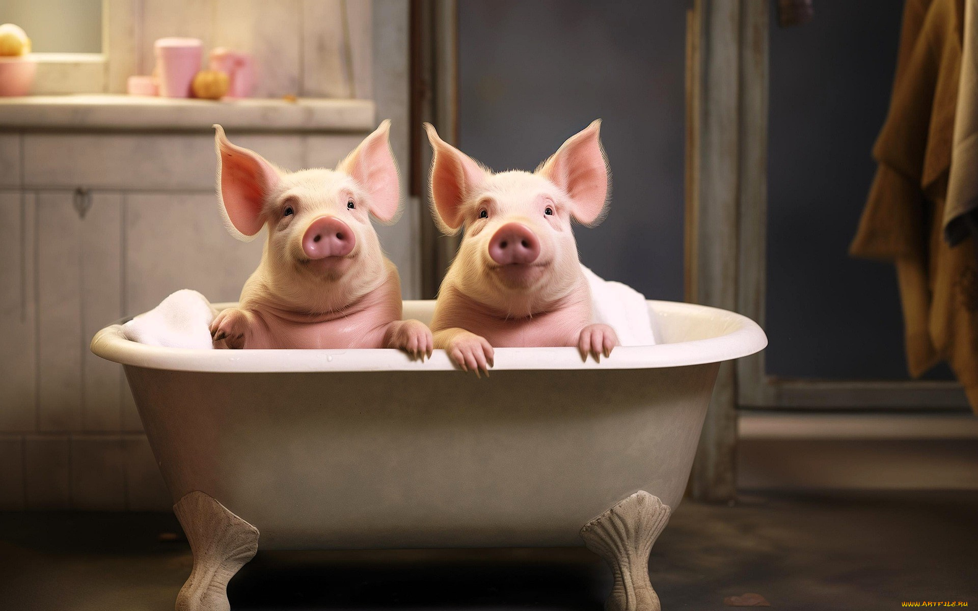 3д, графика, животные, , animals, поросята, ванна