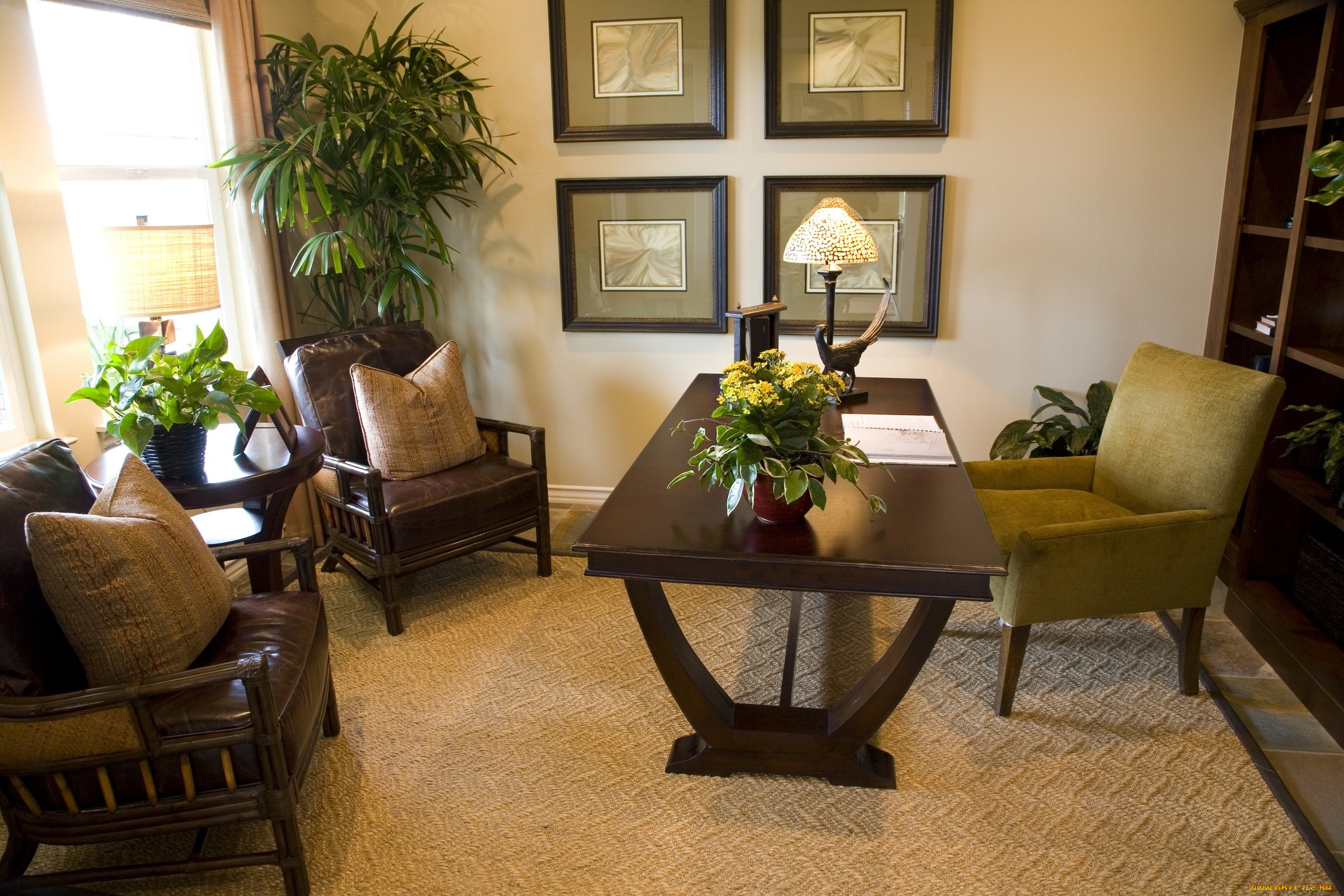 интерьер, кабинет, библиотека, офис, вазон, кресла, шкаф, стол, подушки