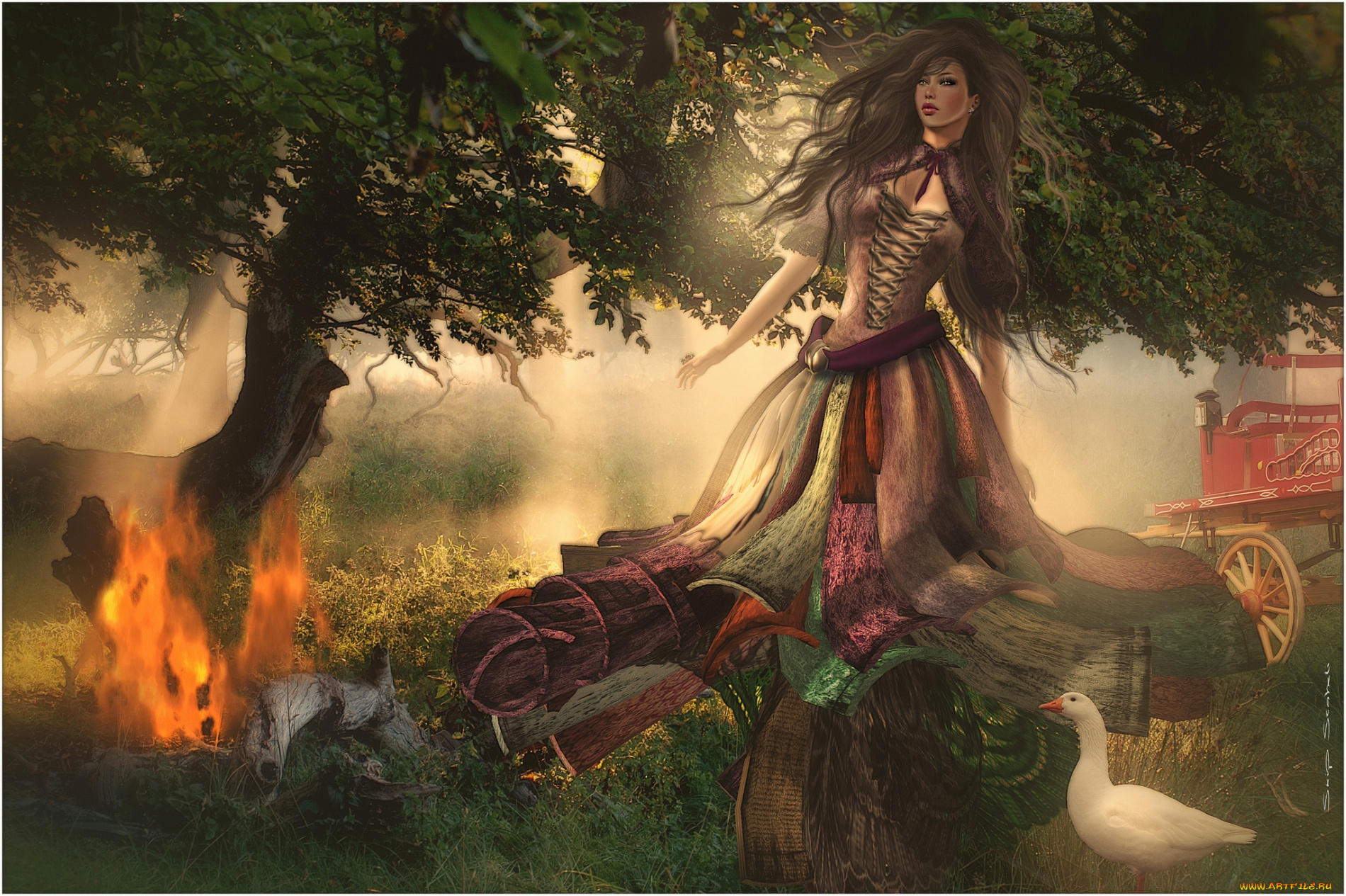 3д, графика, people, люди, костер, гусь, девушка, волосы, телега