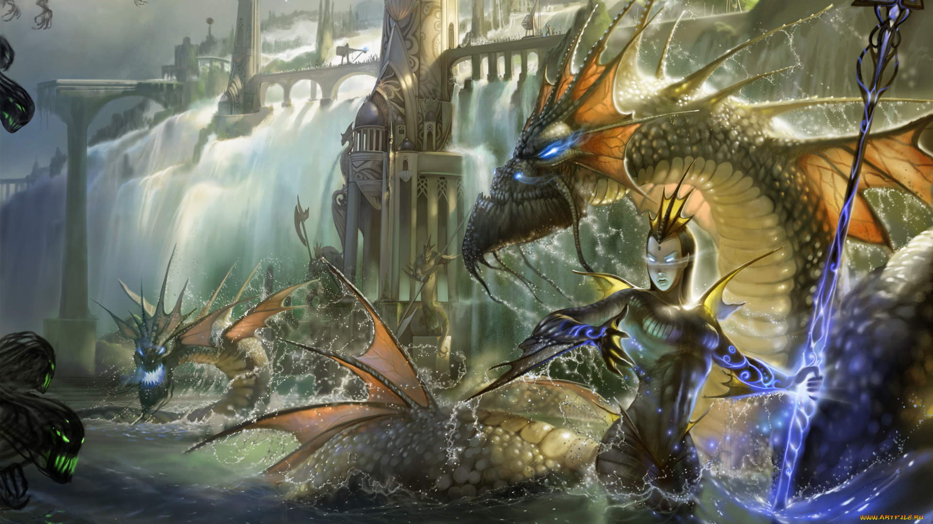 фэнтези, маги, волшебница, посох, замок, водопад, драконы, нежить, колдунья