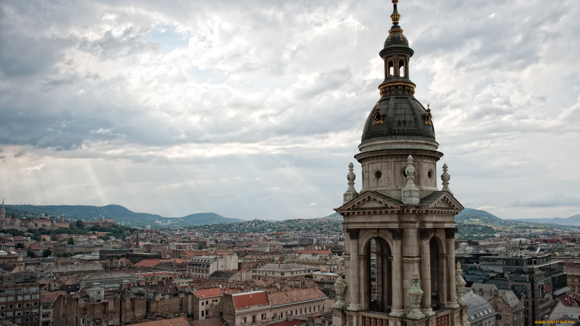 города, будапешт, венгрия, лучи, собор, тучи, крыши