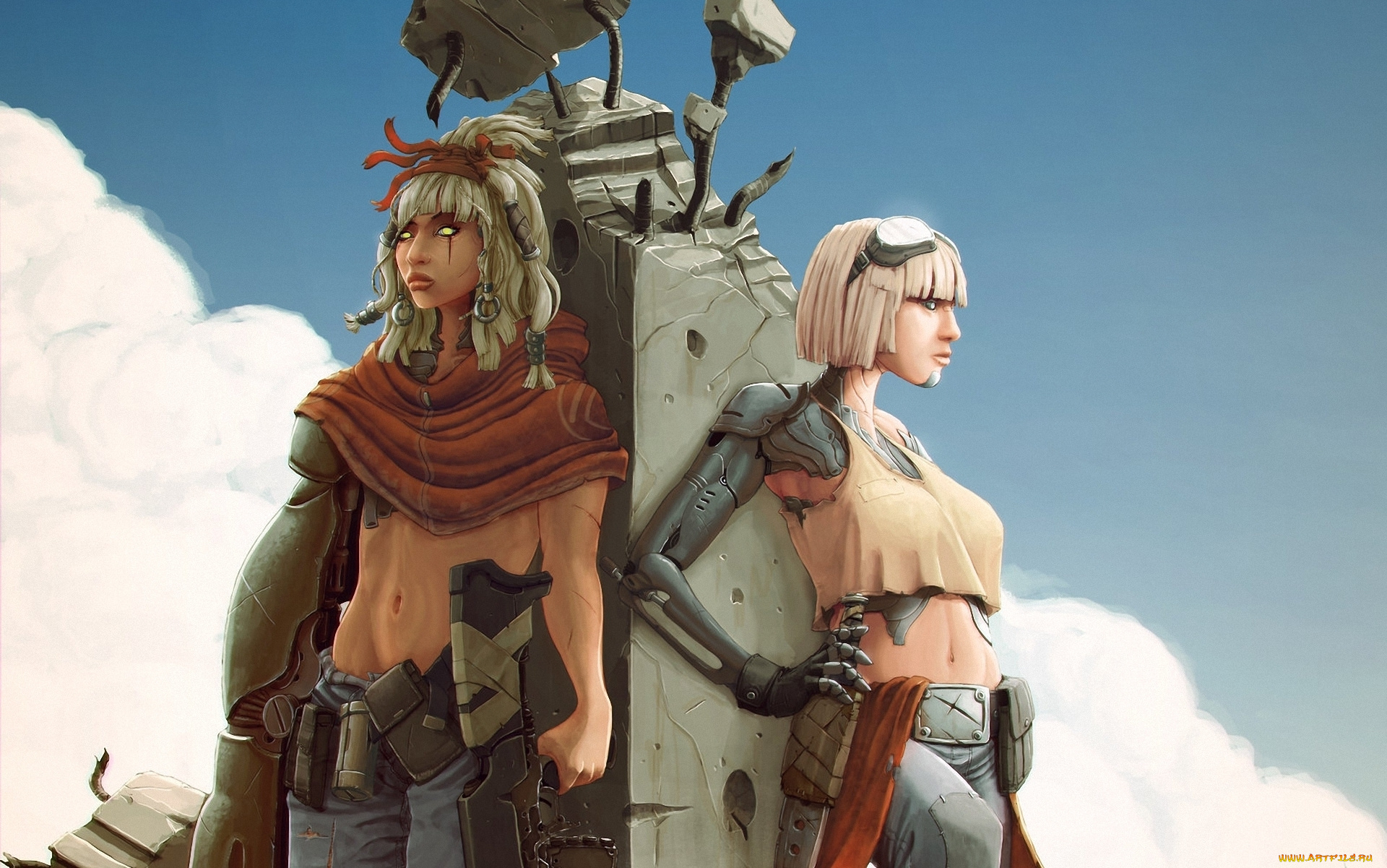 фэнтези, роботы, киборги, механизмы, очки, автомат, нож, девушки, столб, колонна, робот, оружие