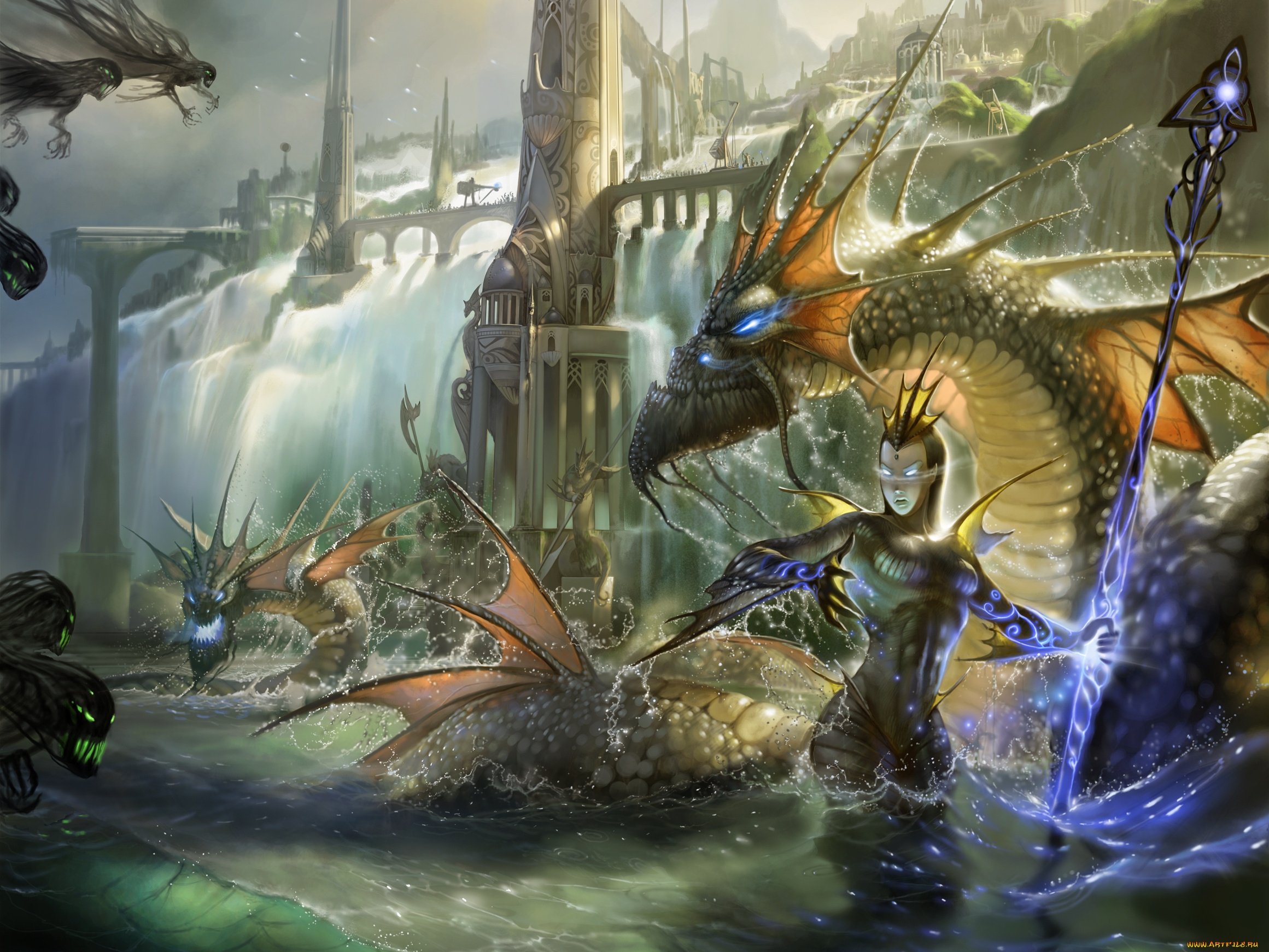 фэнтези, маги, волшебница, посох, замок, водопад, драконы, нежить, колдунья
