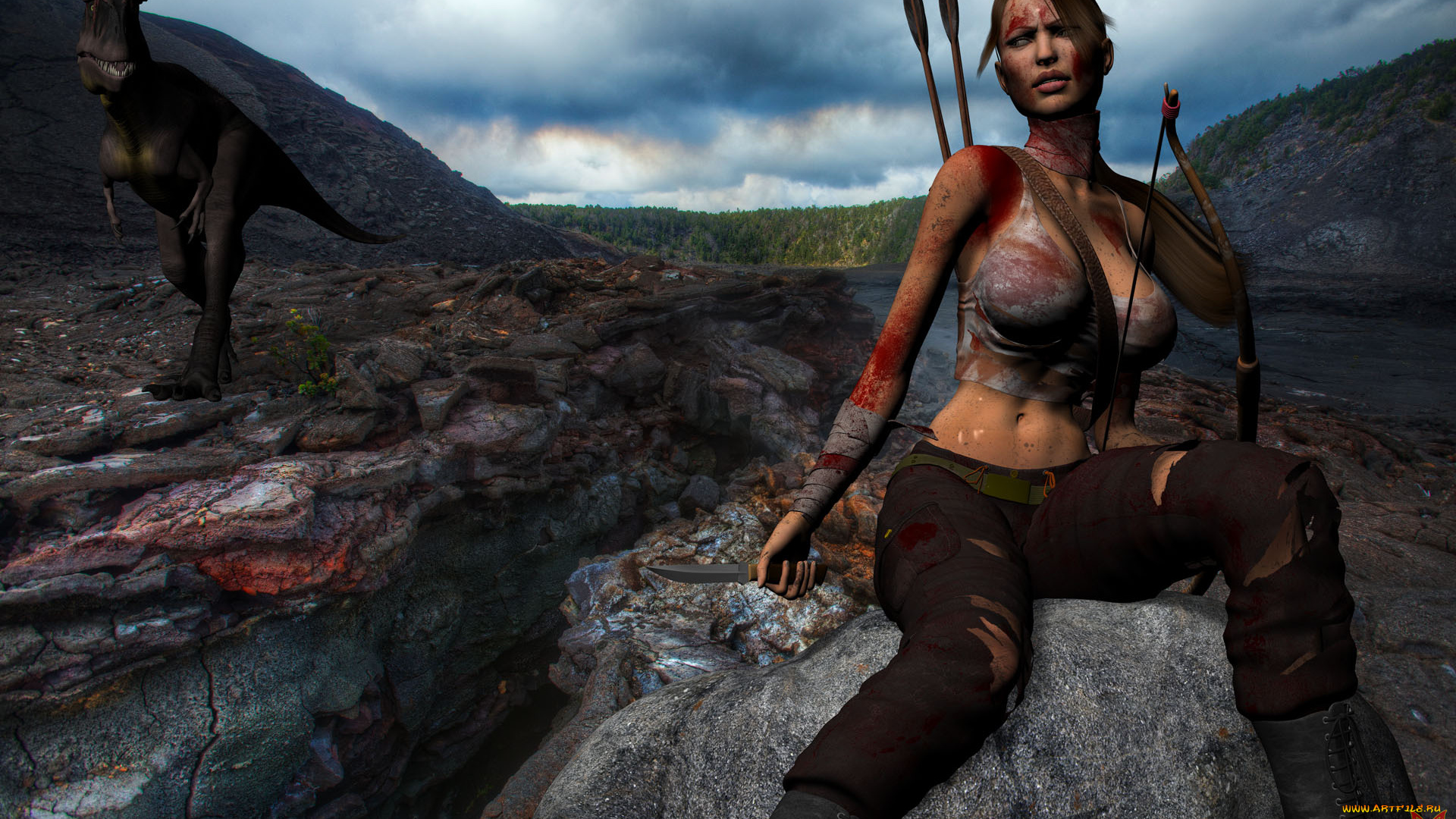 3д, графика, амазонки, , amazon, девушка, взгляд, лук, стрелы, динозавр