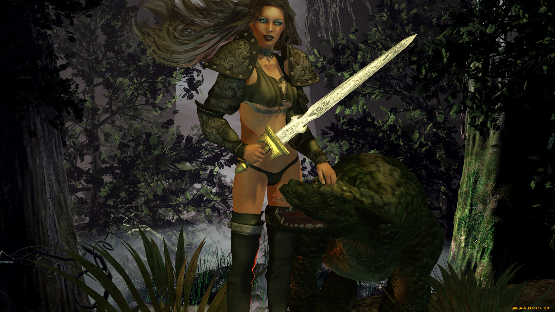 3д, графика, амазонки, , amazon, луна, скала, девушка, взгляд, меч