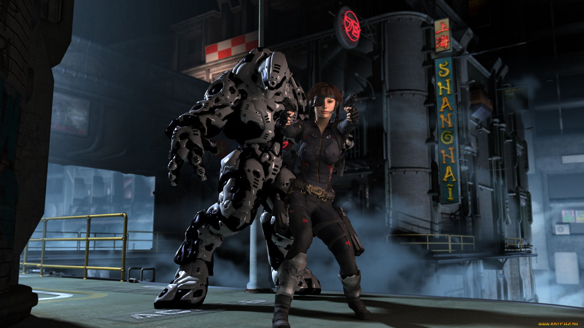 3д, графика, фантазия, , fantasy, робот, оружие, взгляд, девушка