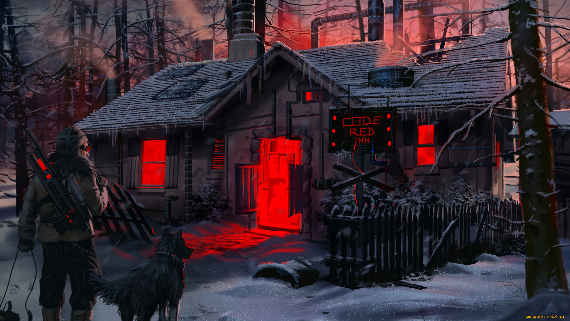 фэнтези, люди, зима, дом, собака, лес, охотник, мир, иной