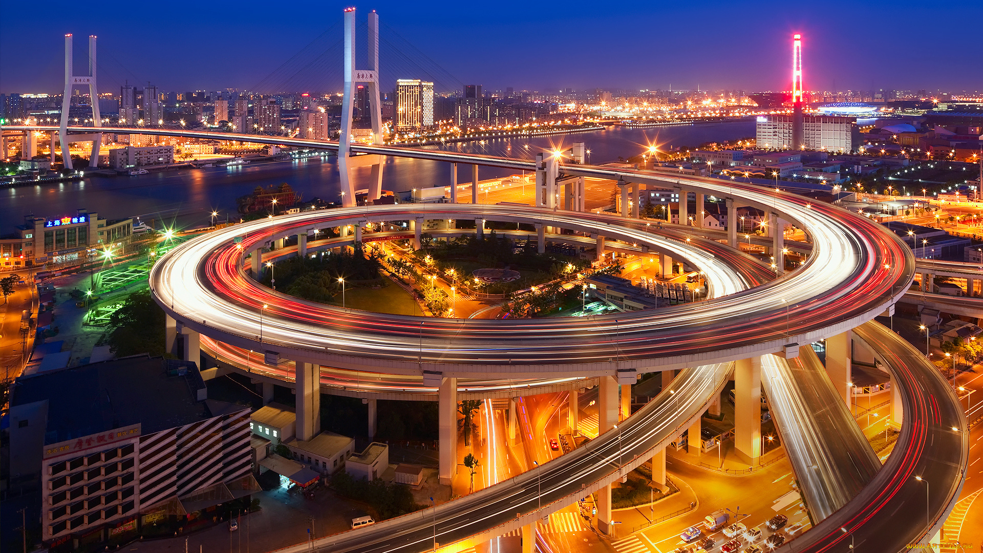 города, шанхай, , китай, город, шанхай, мост, nanpu, bridge, ночь, вечер, огни, выдержка