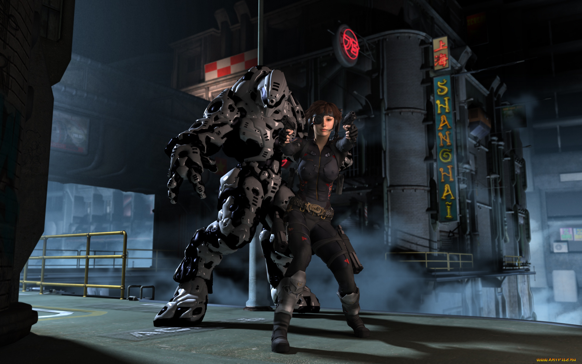 3д, графика, фантазия, , fantasy, робот, оружие, взгляд, девушка