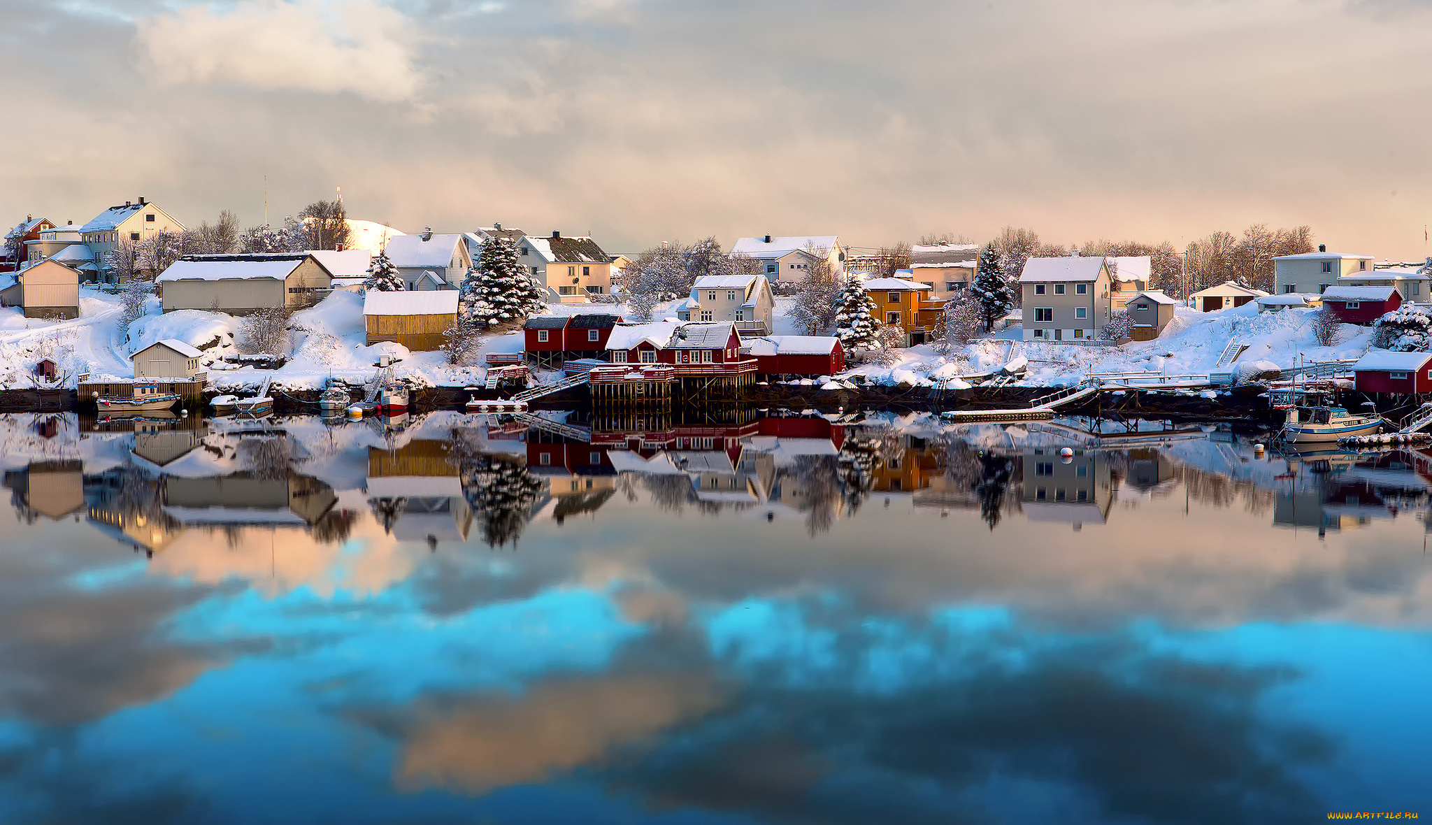 города, -, пейзажи, зима, лодки, отражения, снег, дома, лофотенские, острова, норвегия, lofoten
