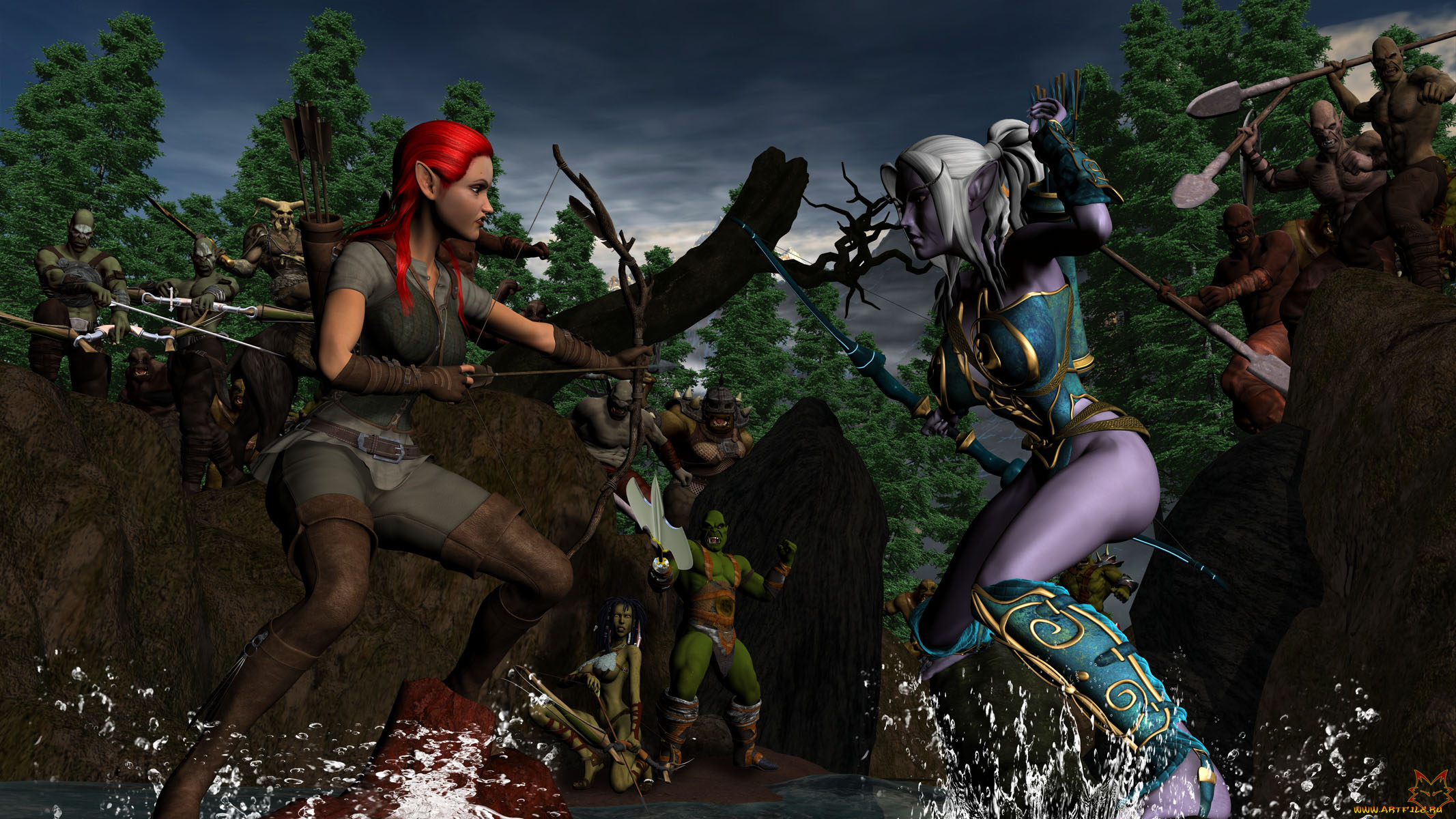 3д, графика, эльфы, , elves, эльфийки, бой