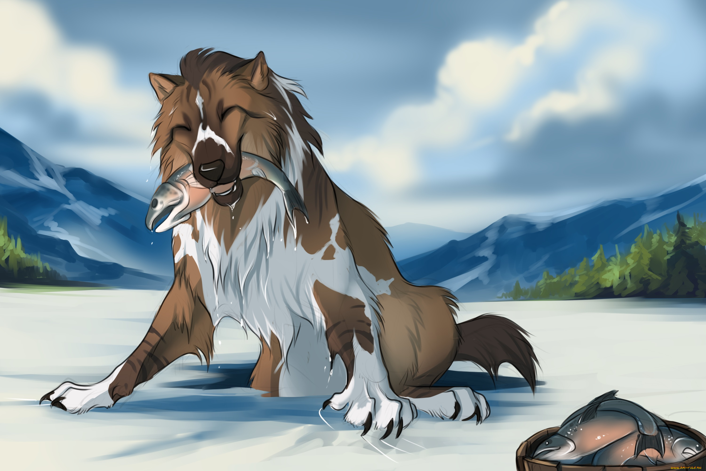 рисованные, животные, , собаки, рыба, снег, собака, горы