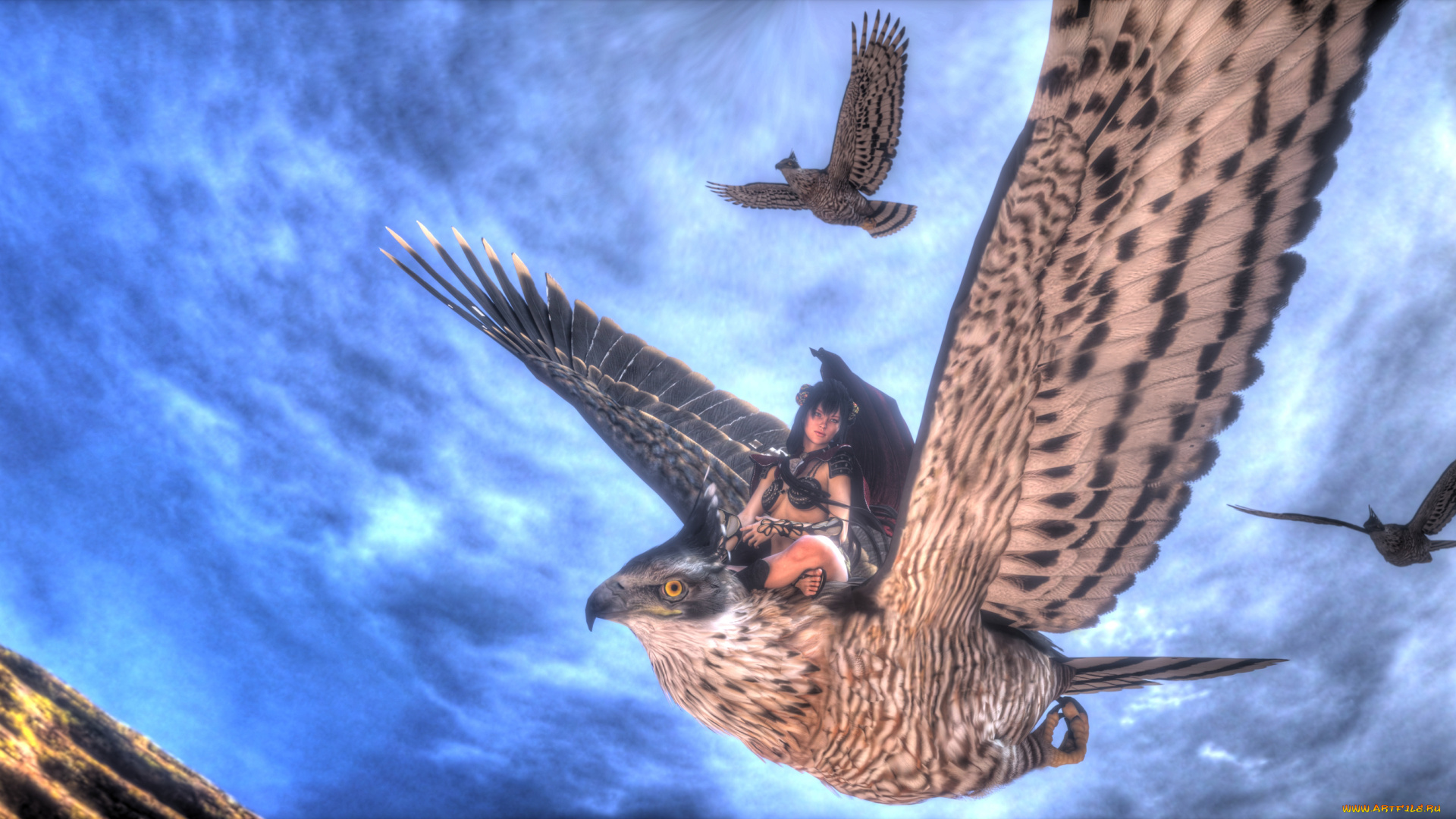 3д, графика, фантазия, , fantasy, полет, фон, взгляд, девушка, птицы