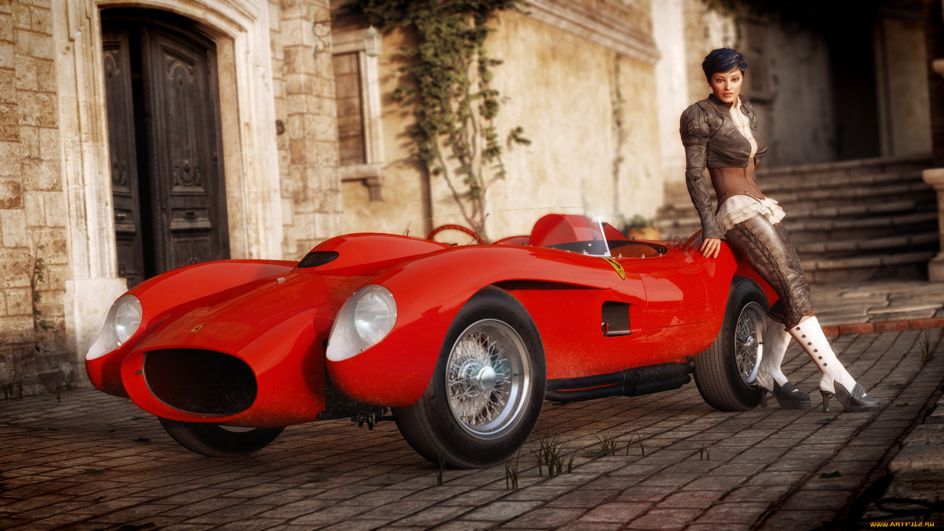 автомобили, 3d, car&girl, девушка, взгляд, фон, автомобиль