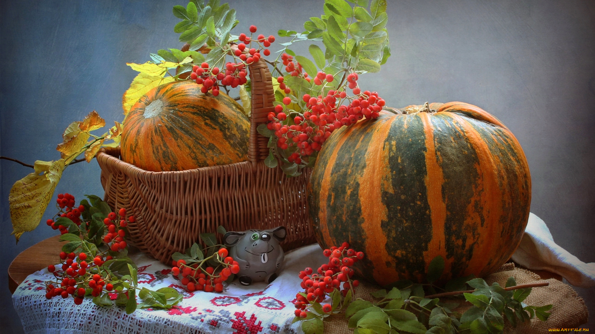 еда, тыква, натюрморт, рябина, овощи, осень, мышонок, фигурка