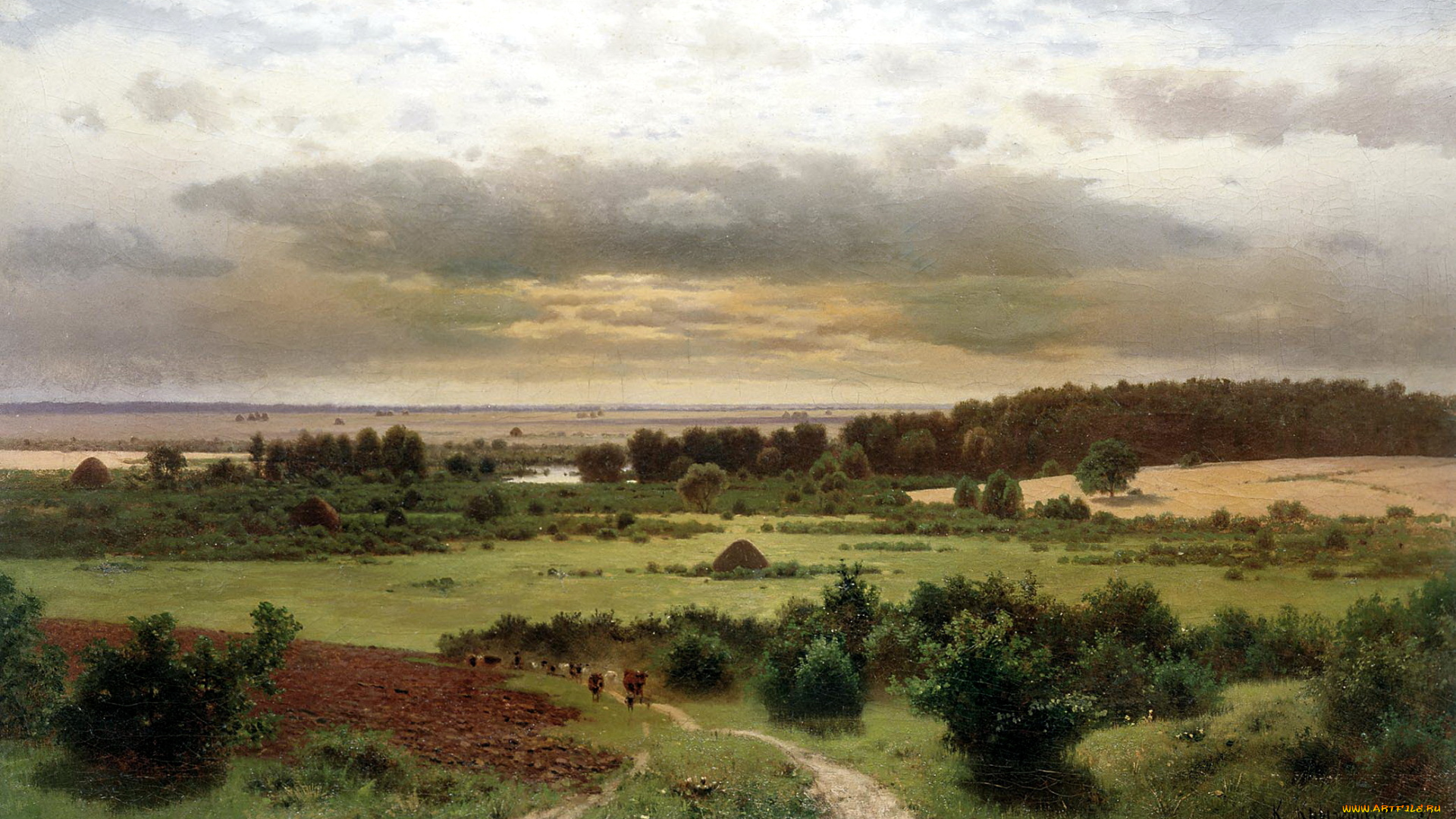 рисованное, константин, крыжицкий, кусты, дорога, пейзаж, лесные, дали, стадо, коровы, крыжицкий, холст, облака, небо, луг, поле, деревья, картина