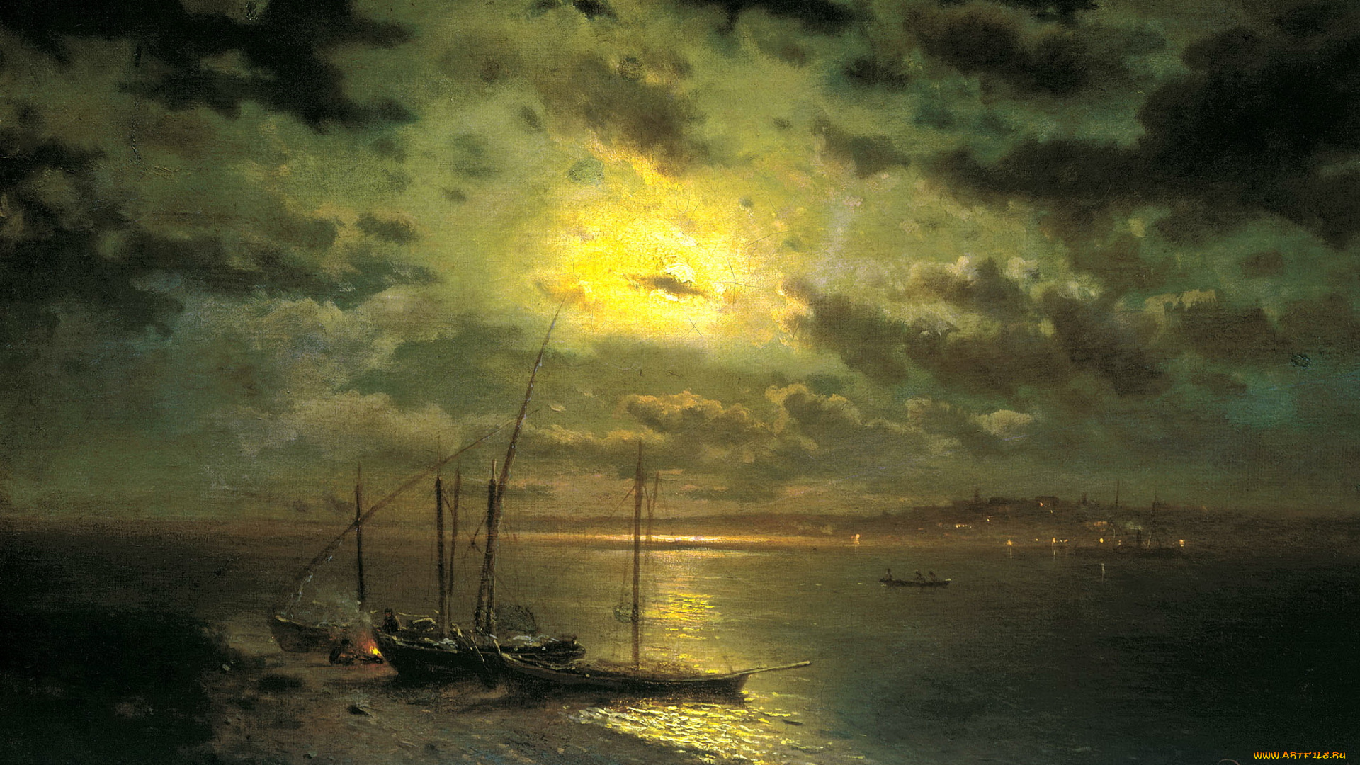 рисованное, лев, каменев, небо, костёр, вода, лодки, берег, картина, лунная, ночь, на, реке, каменев, облака