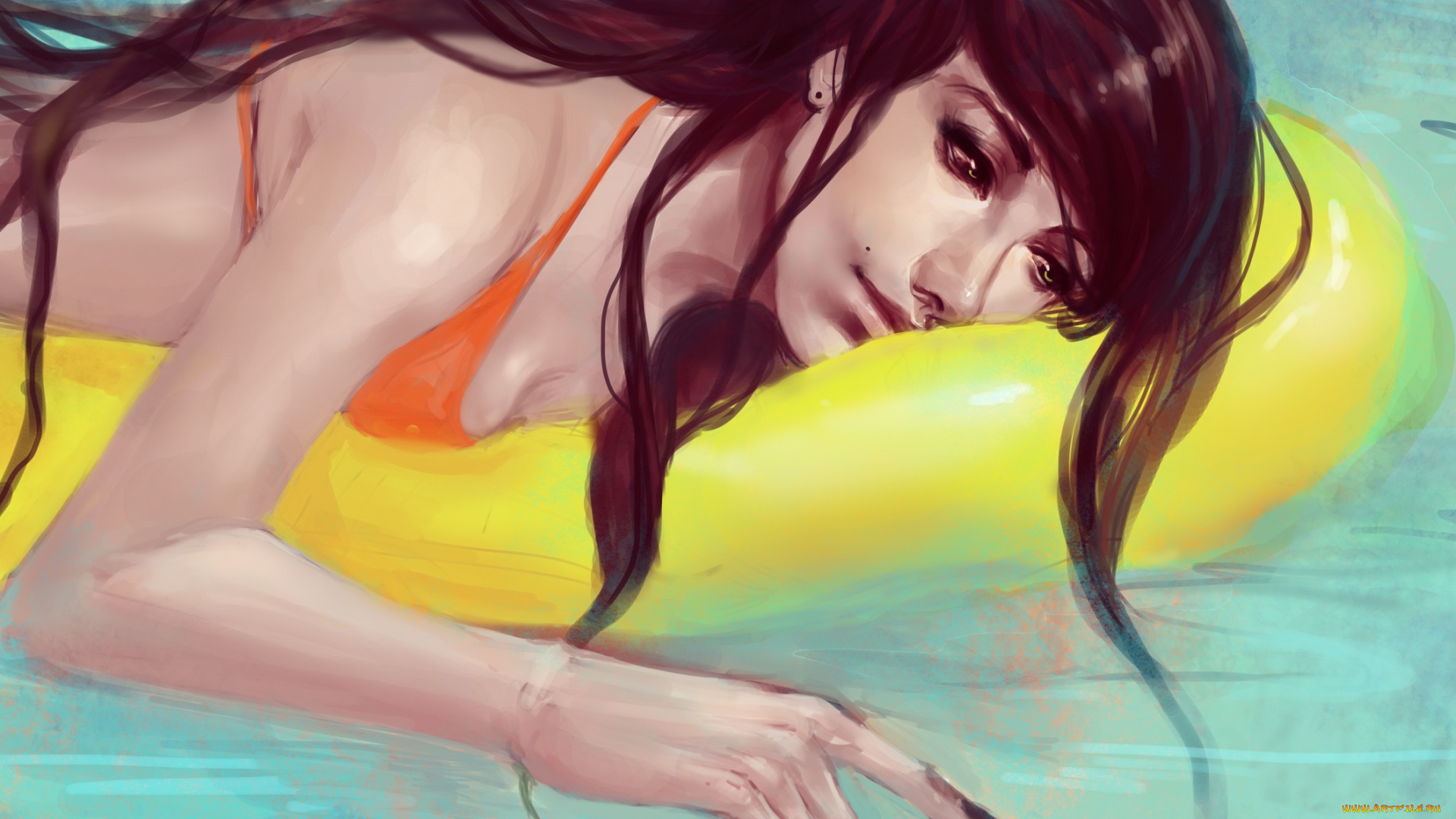 рисованное, люди, рыбка, матрац, море, девушка