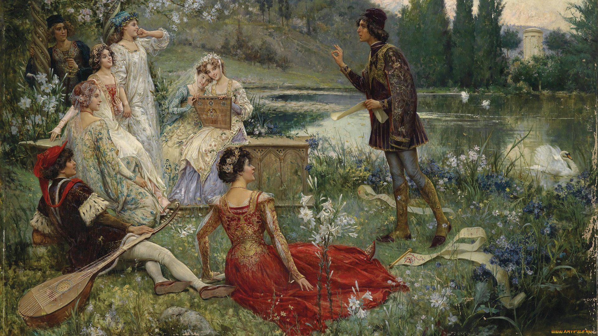 рисованное, живопись, дамы, лес, избранное, общество, пикник, swan, цветы, lute, minstrel, scroll, gentlemen, poet, лютня, менестрель, riverside, берег, река, пейзаж, лебедь, свиток, поэт, кавалеры, ladies, river, landscape, picnic, flowers, forest