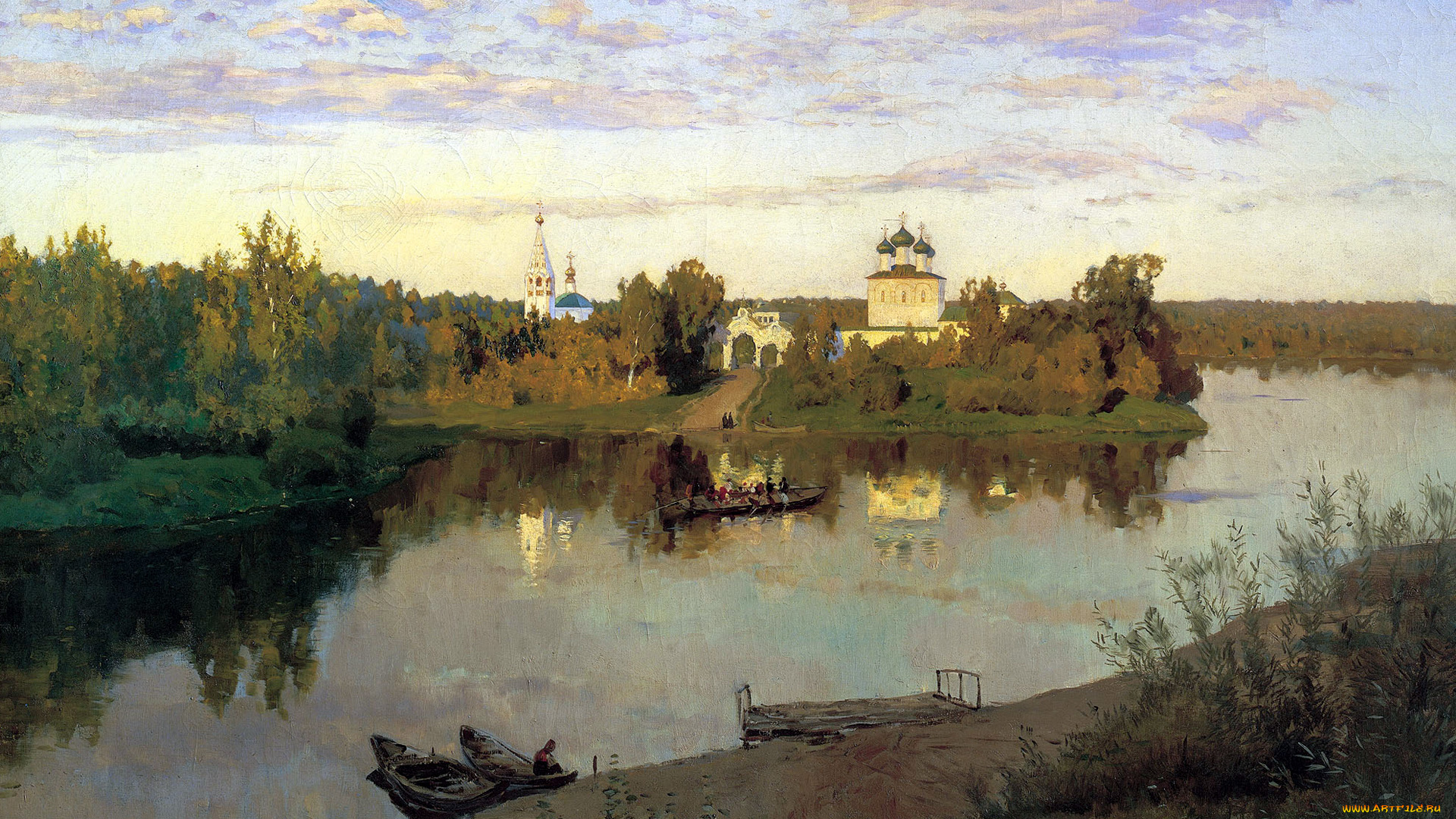 рисованное, живопись, облака, река, лодки